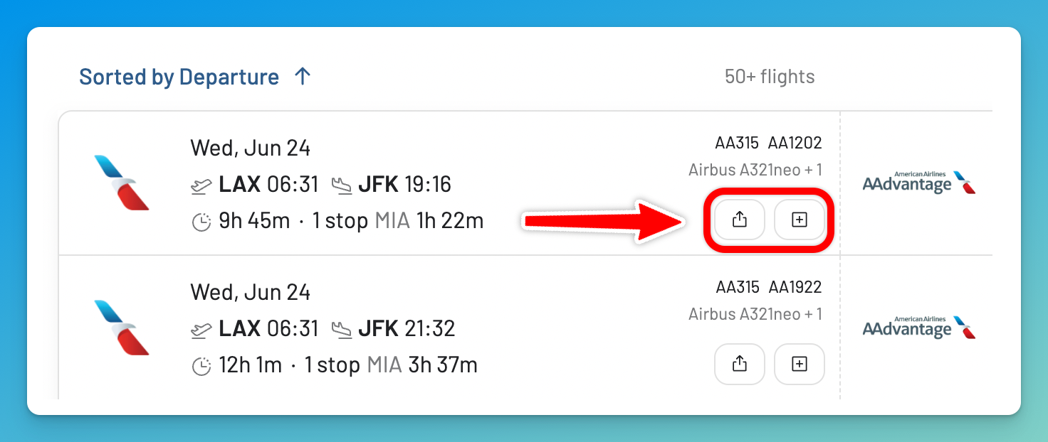 A redesigned AwardFares result card with a Share flight button, used to send a flight to friends or family
