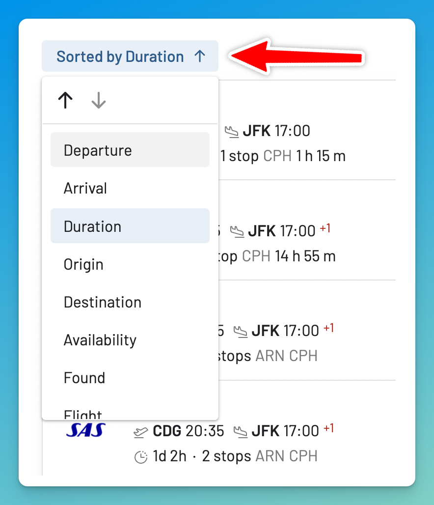 The redesigned AwardFares results list with the sort menu open in the top left, showing options to order flights by departure, arrival, duration, origin, destination, availability, and more
