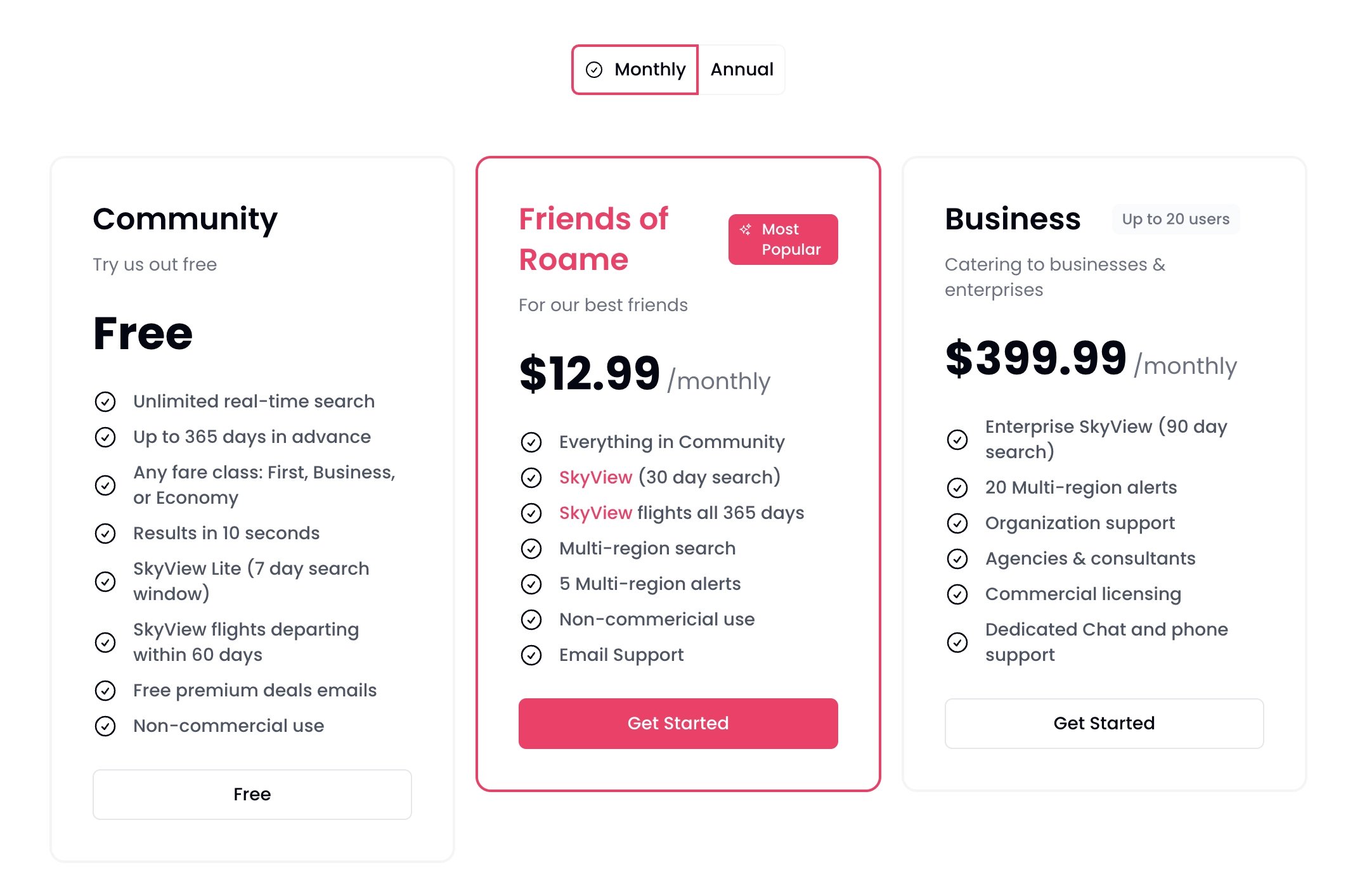 Roame.Travel Pricing Tiers.