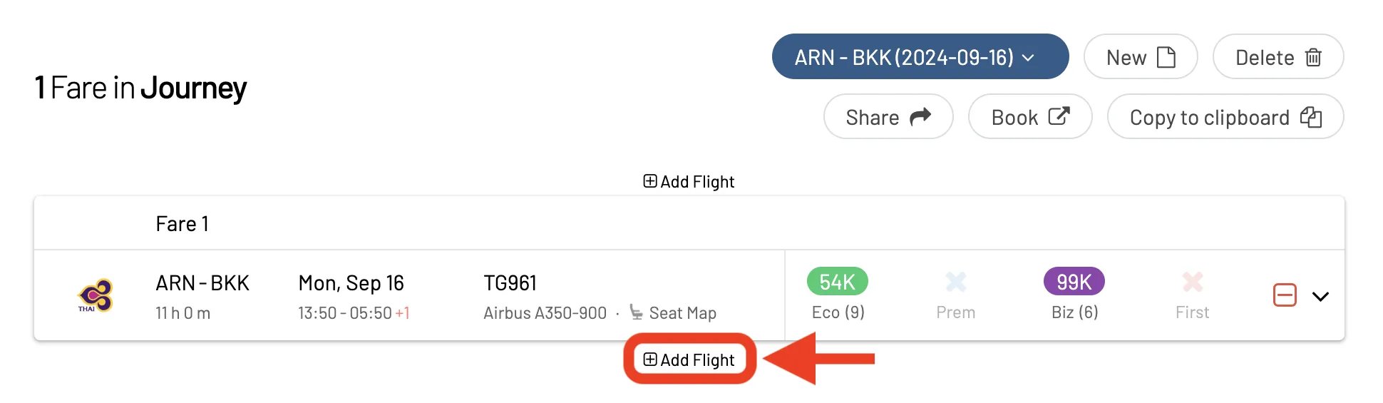 Construyendo un vuelo de premio de ida y vuelta con AwardFares. (Paso 5)