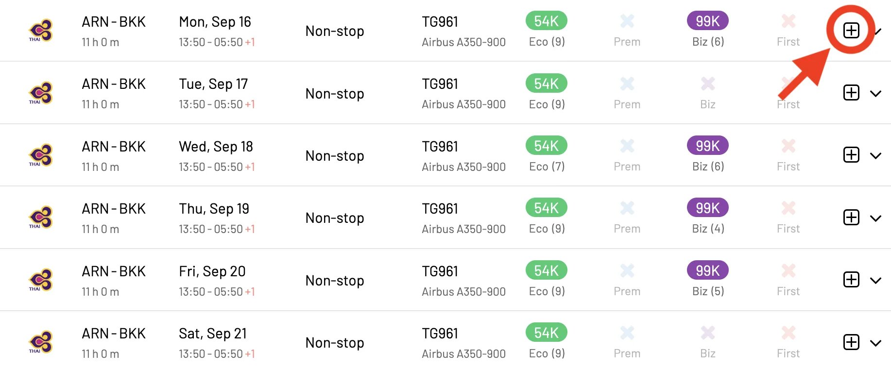 Construyendo un vuelo de premio de ida y vuelta con AwardFares (Paso 4).