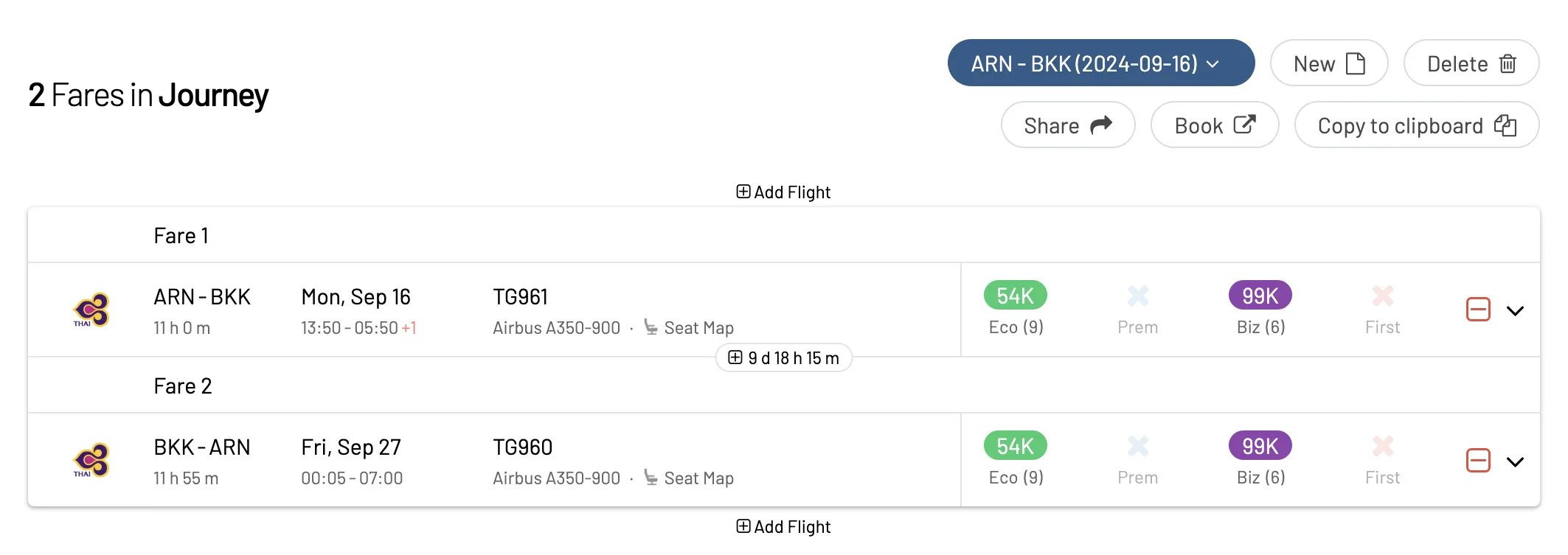 Construyendo un vuelo de premio de ida y vuelta con AwardFares (Paso 6).