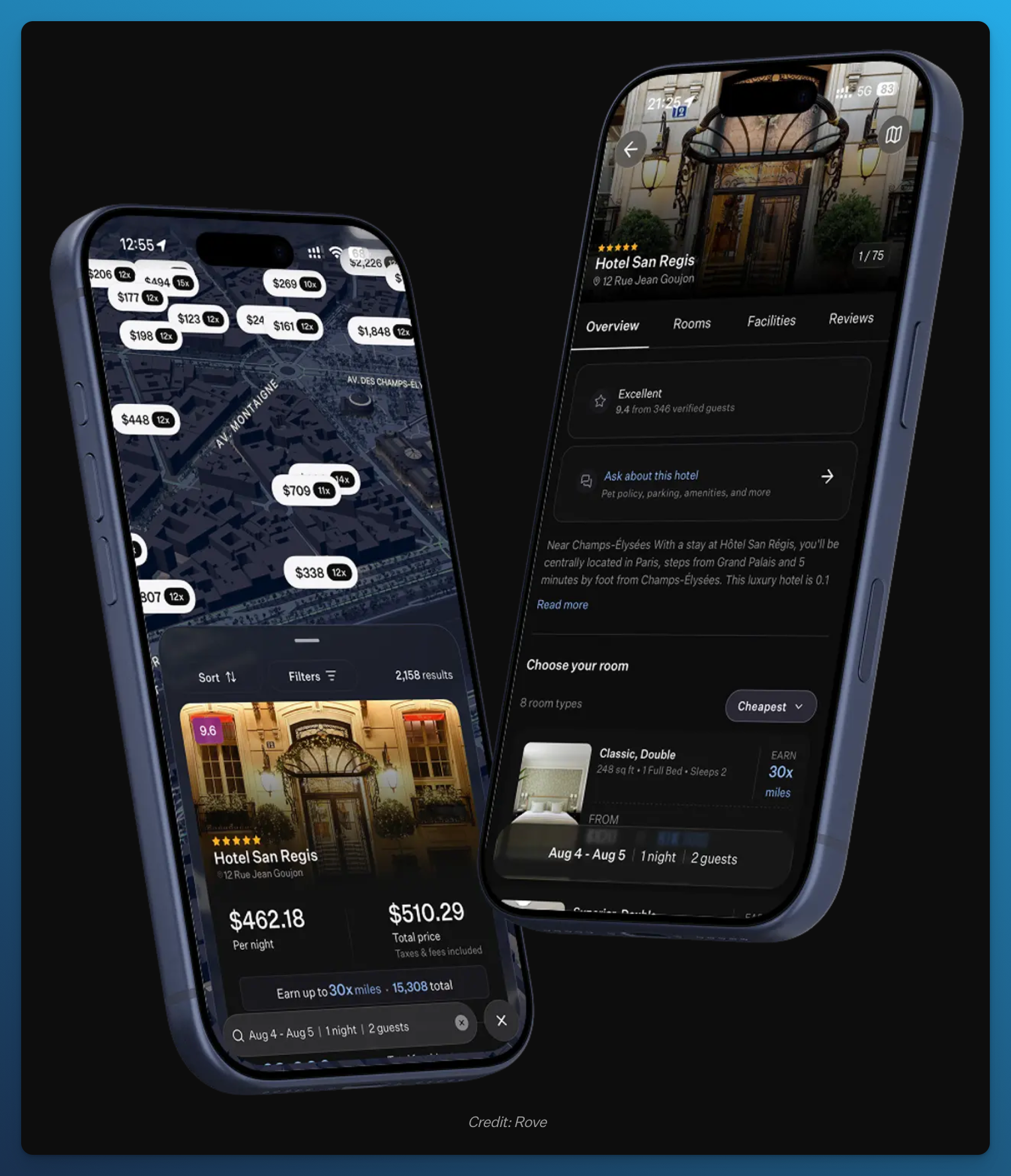 Rove app promotional image showing a hotel map in Paris and the Hotel San Regis room details on two phones.
