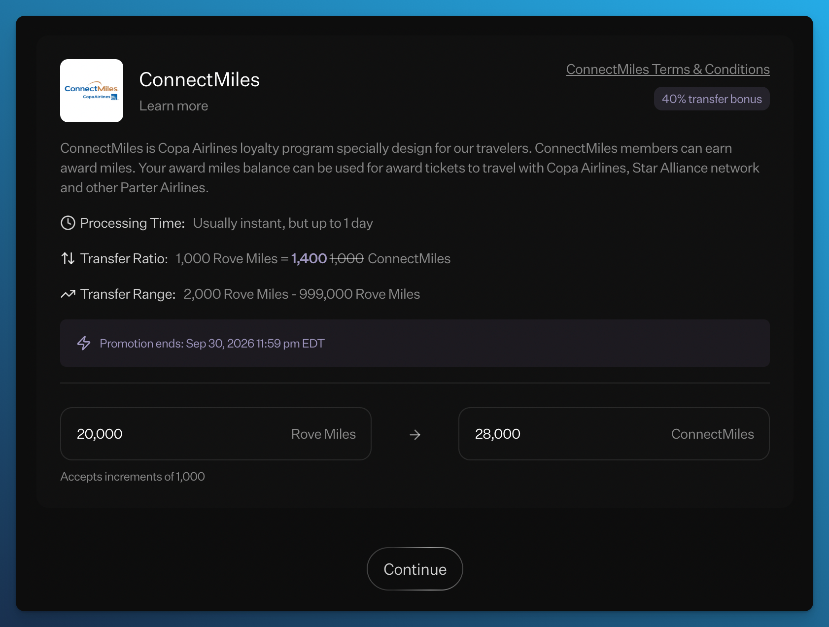 Rove ConnectMiles transfer screen showing a 40 percent bonus, with 20,000 Rove Miles converting to 28,000 ConnectMiles before the September 30, 2026 deadline.
