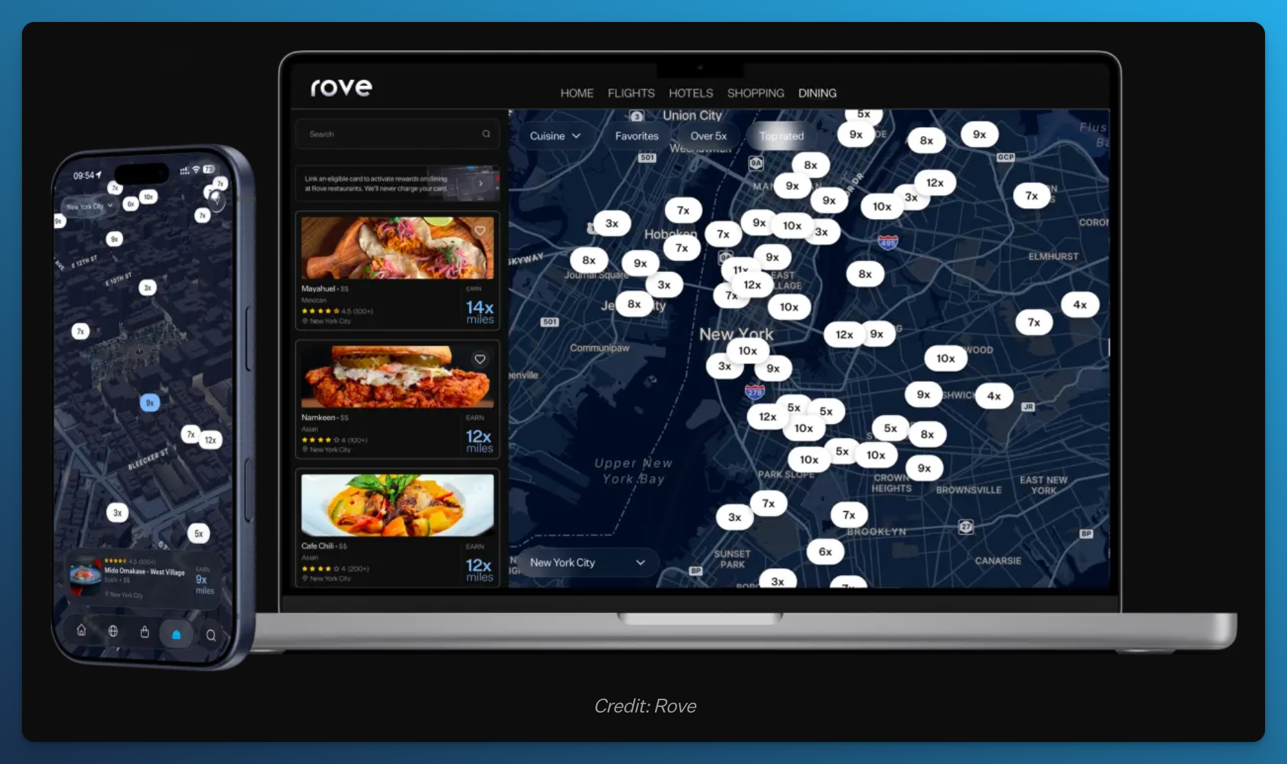 Rove Dining promotional image showing restaurant maps and different mileage earning rates in New York on a phone and laptop.