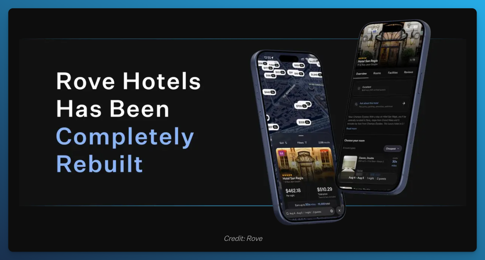 Rove promotional graphic announcing its rebuilt hotel search, with hotel map and room selection screens on two phones.