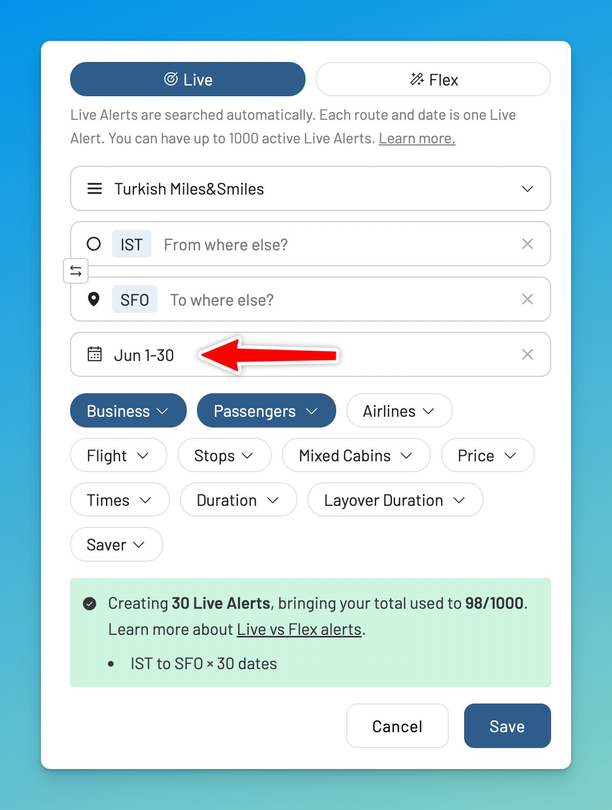 Setting up an AwardFares alert for a route bookable with Rove Miles partner programs.