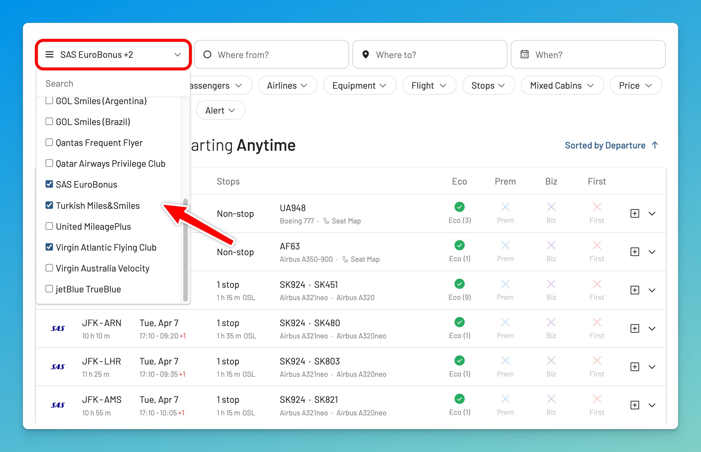 AwardFares search bar showing multiple Rove-compatible loyalty programs selected simultaneously.