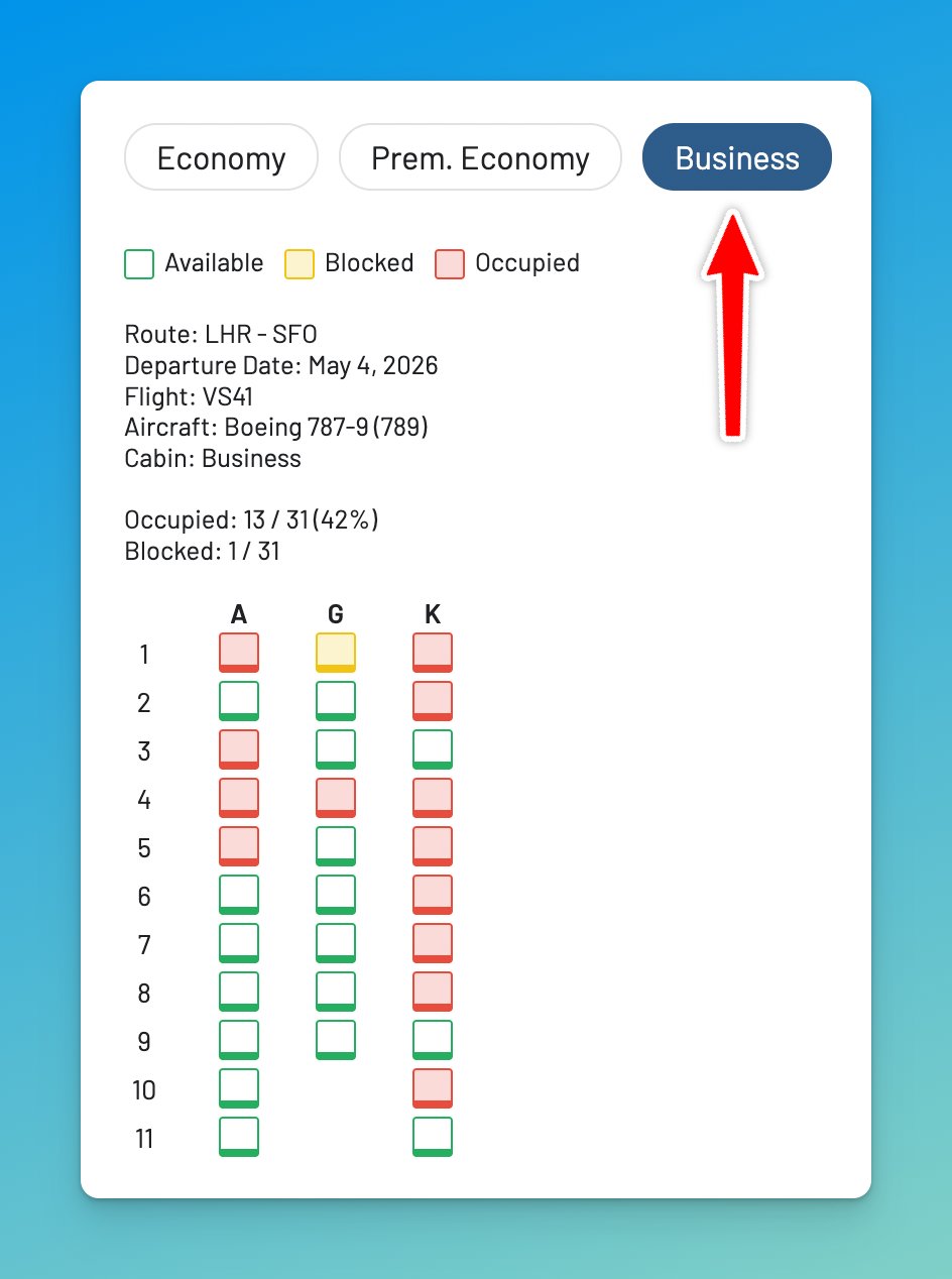 AwardFares seat map view showing available seats on an award flight.
