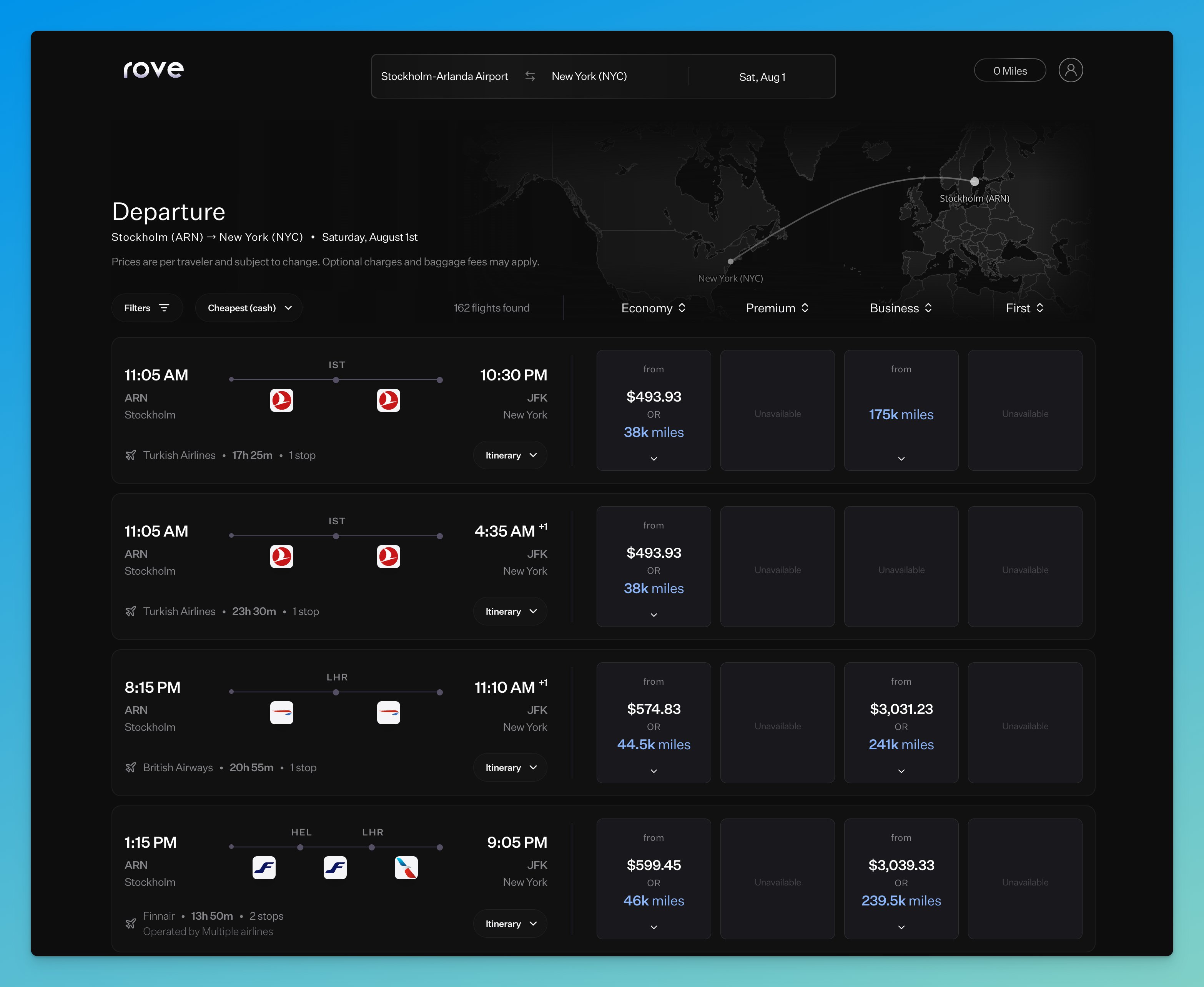 Searching for award flights using Rove