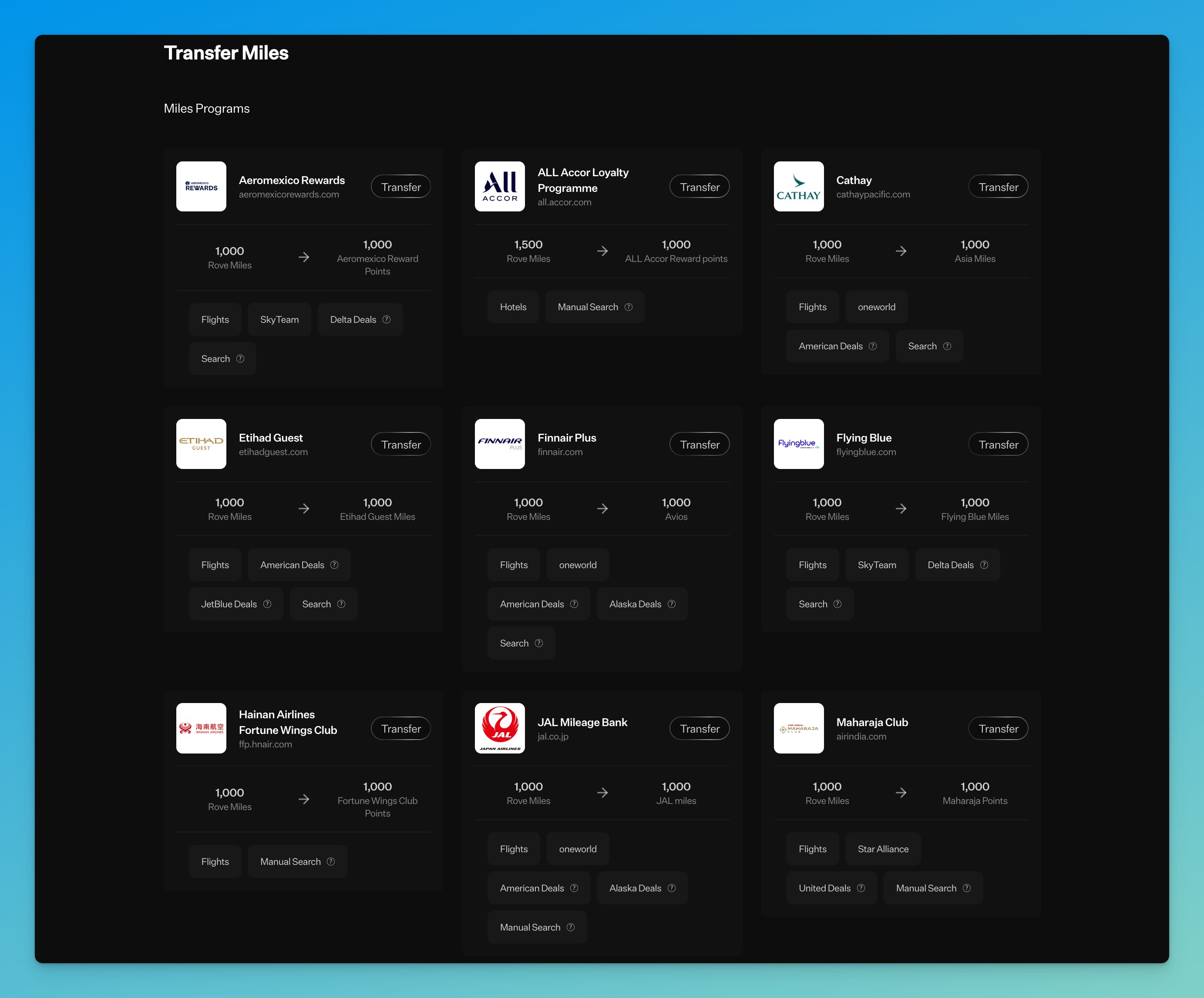 Rove Miles transfer partners overview showing 17 airline and hotel loyalty programs.