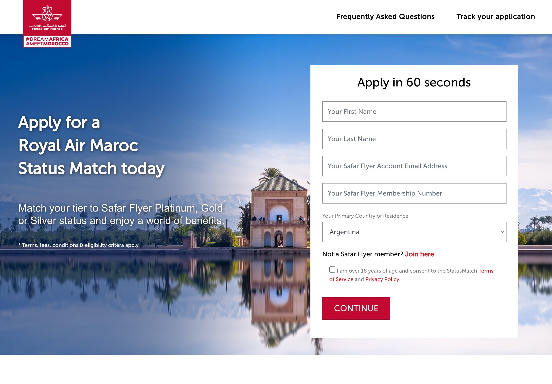 Ongoing Royal Air Maroc Safar Flyer Status Match Offer.