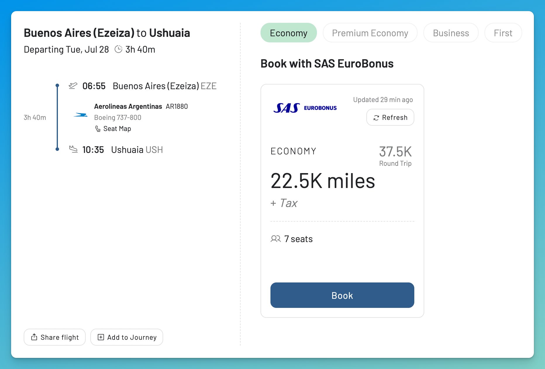 AwardFares Timeline showing Aerolíneas Argentinas award space to Patagonia for 22,500 EuroBonus points