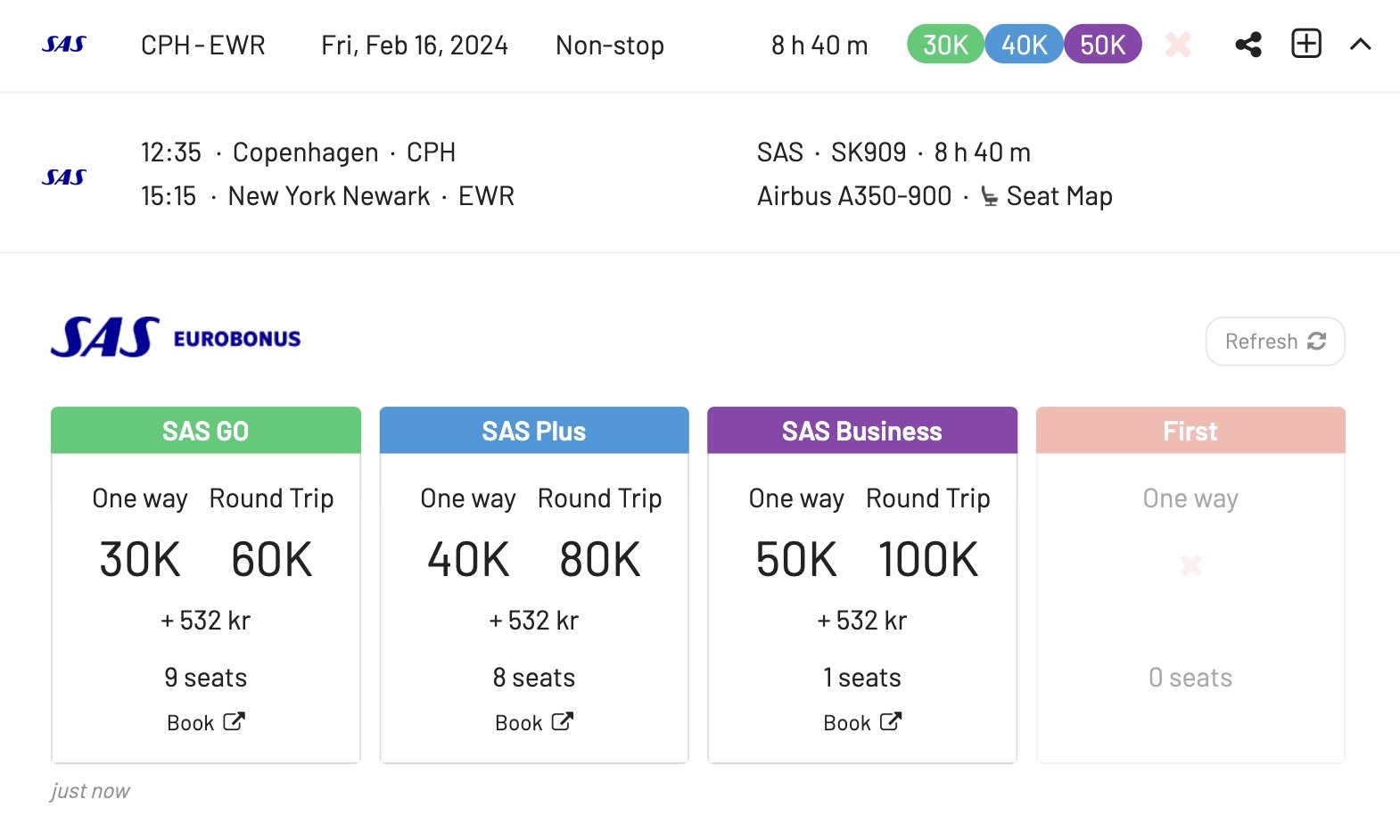 Scandinavia to New York Newark with SAS EuroBonus Points (AwardFares).