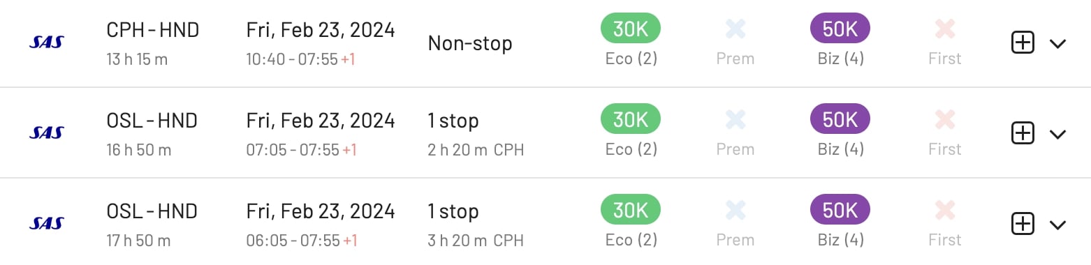 Scandinavia to Tokyo Haneda (AwardFares).