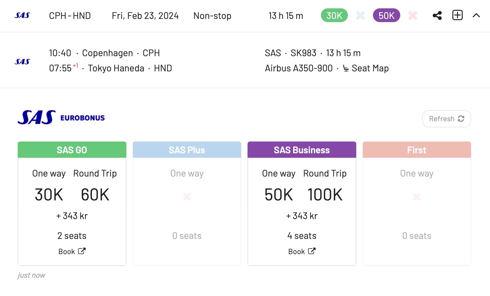 Scandinavia to Tokyo Haneda with SAS EuroBonus Points (AwardFares).
