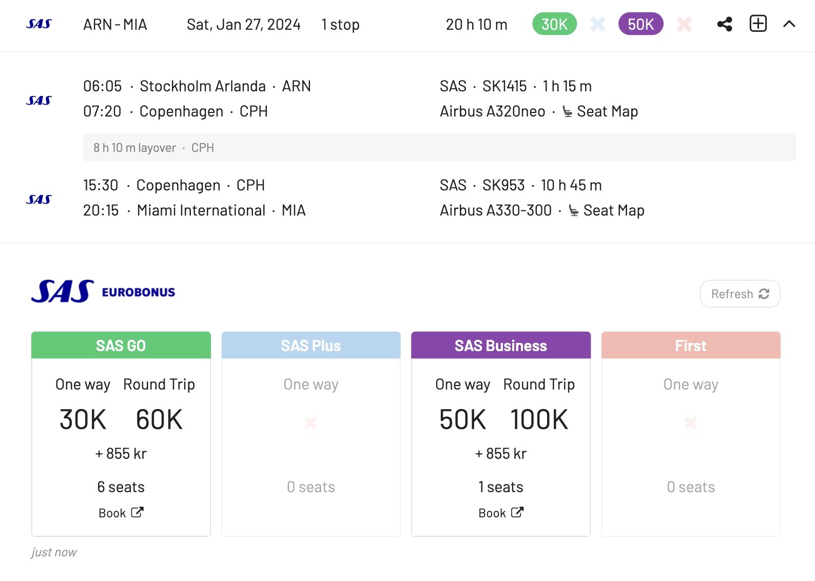 Scandinavia to Miami with SAS EuroBonus Points (AwardFares).