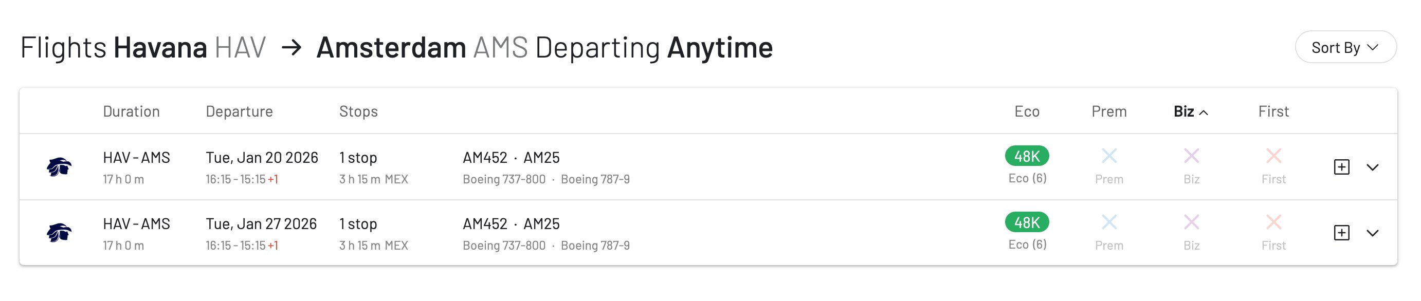 Aeromexico award availability for EuroBonus 2-for-1 voucher redemptions