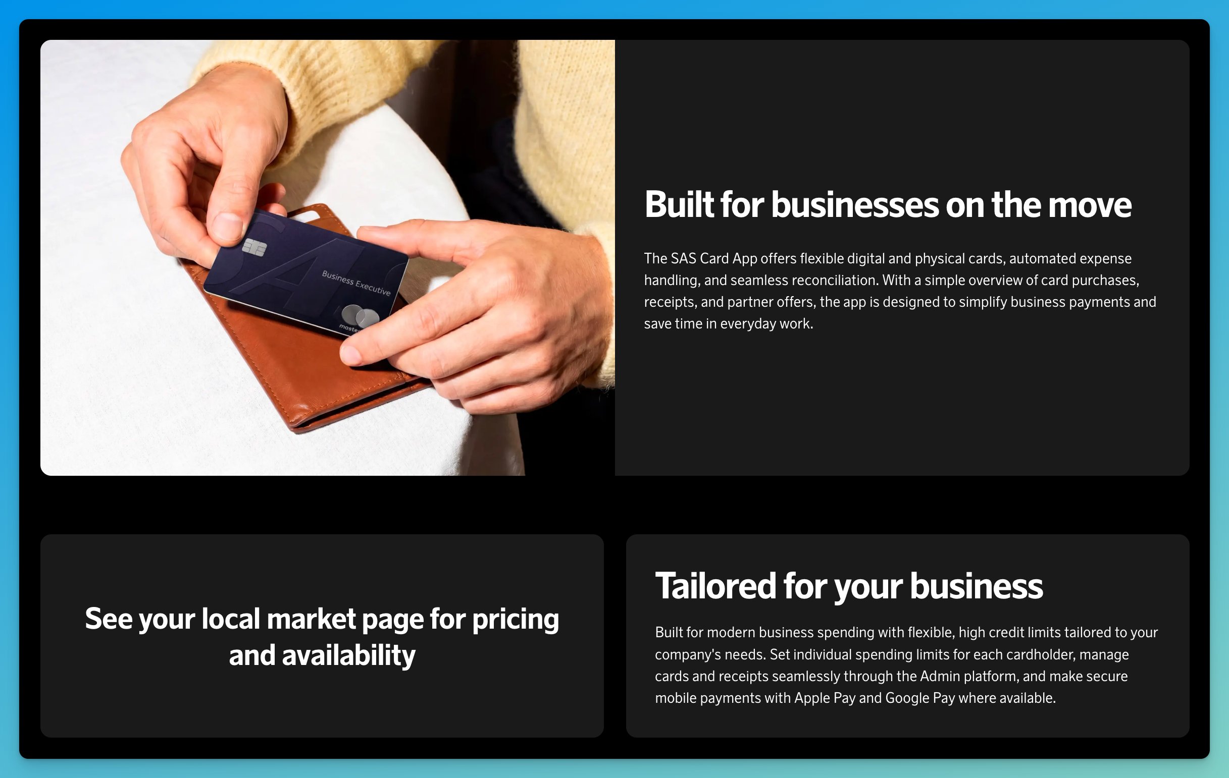 SAS Card App features: digital and physical cards, automated expense handling, receipts and partner offers, plus a 