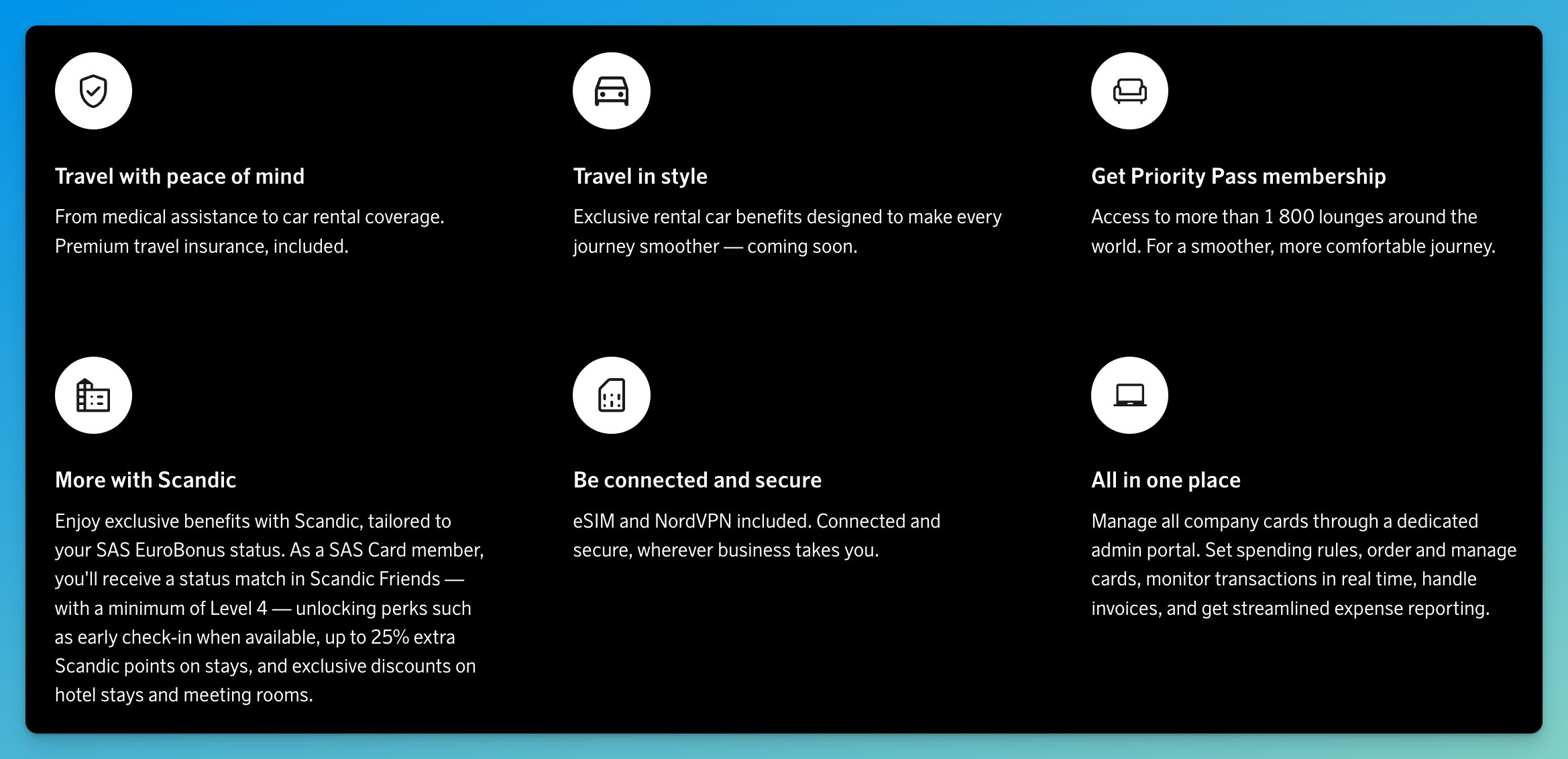 SAS Executive Card perks grid: premium travel insurance, exclusive rental car benefits coming soon, Priority Pass for 1,800+ lounges, Scandic status match with up to 25% extra points, eSIM and NordVPN, and a unified admin portal for company card management