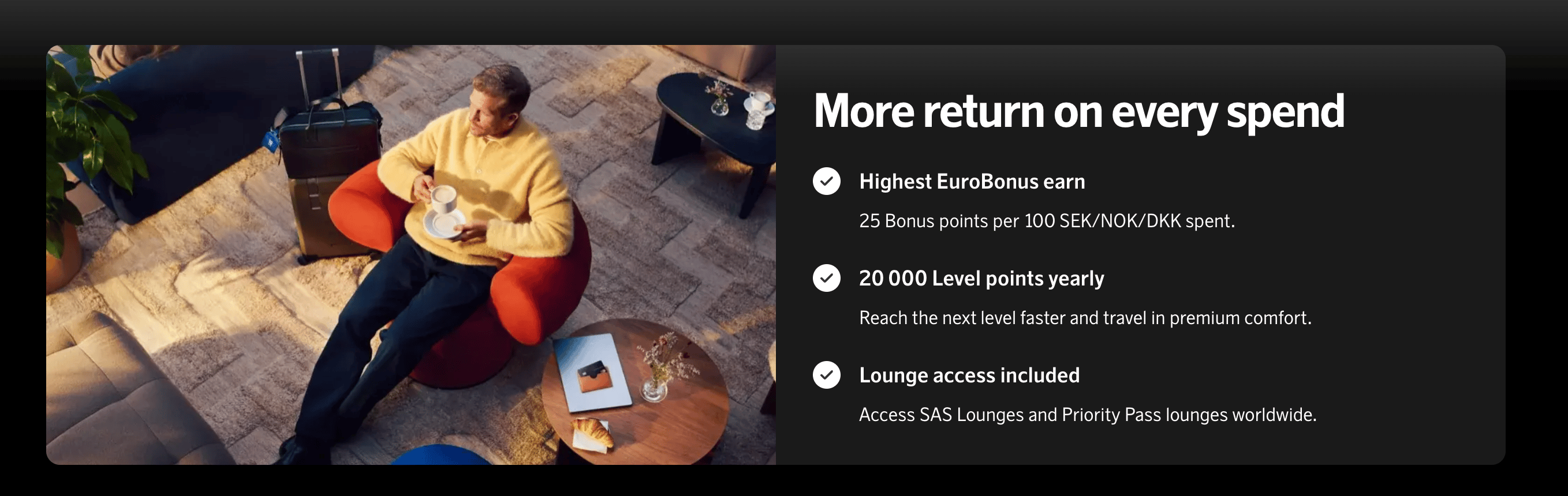 SAS Executive Card overview showing Bonus Points, yearly Level Points, and lounge access
