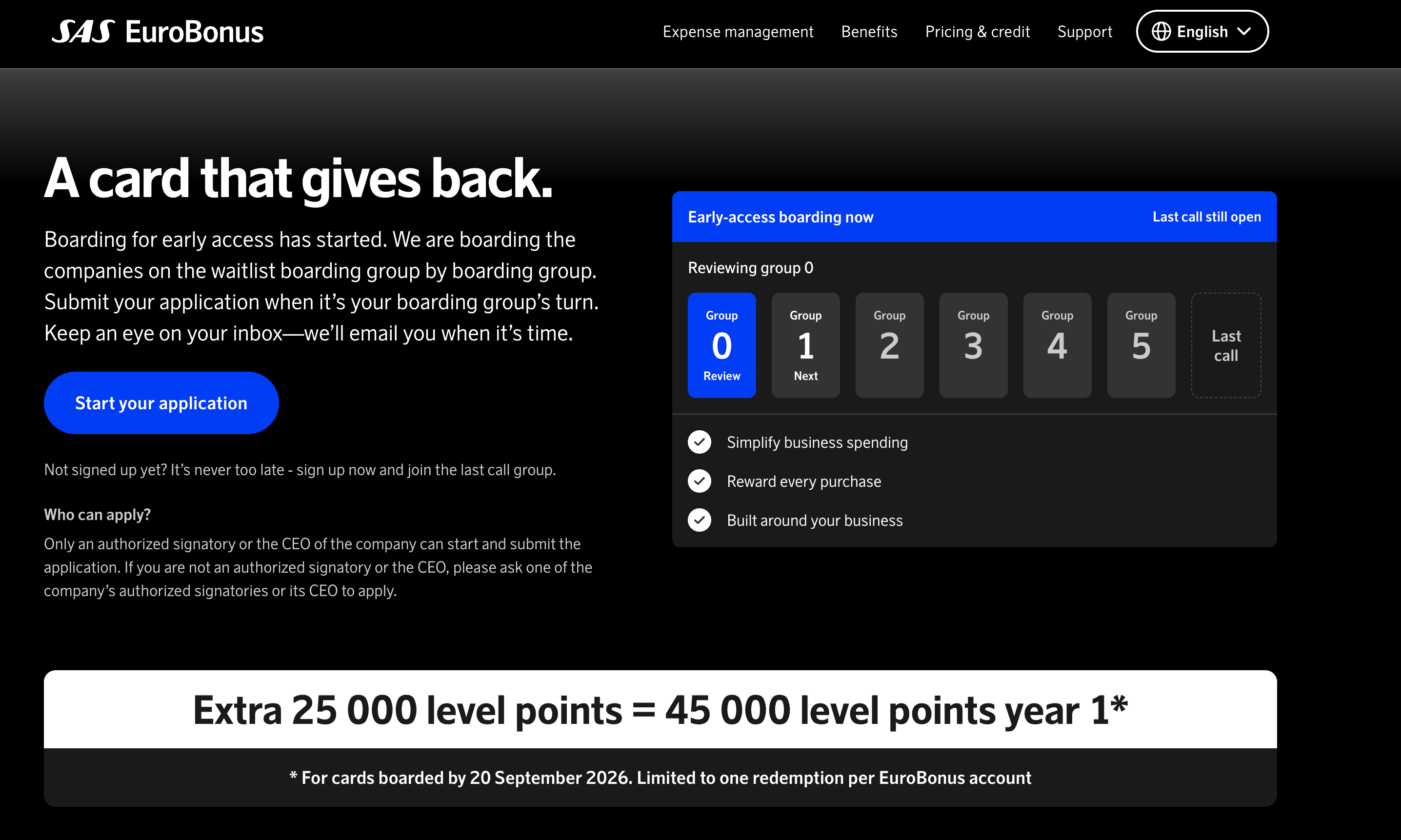 SAS Executive Card early access page showing boarding groups and the extra 25,000 Level Points offer