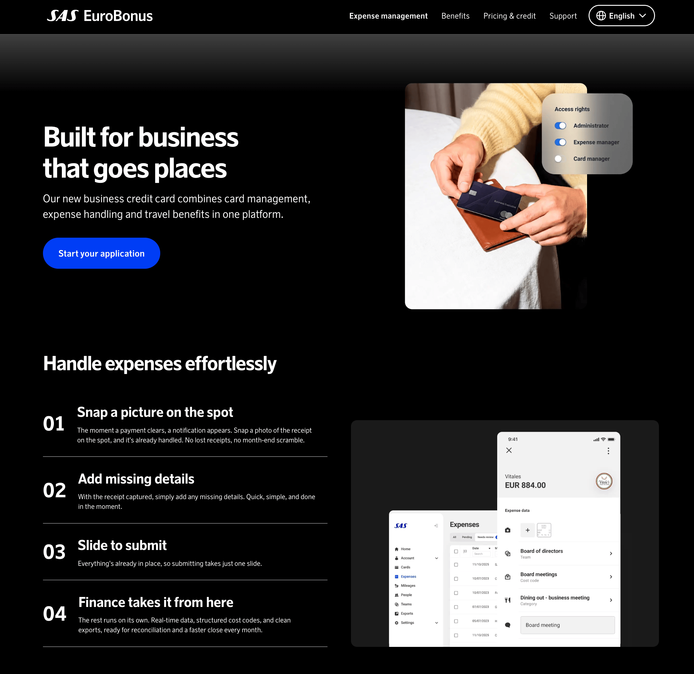 SAS Executive Card expense management platform and receipt submission process