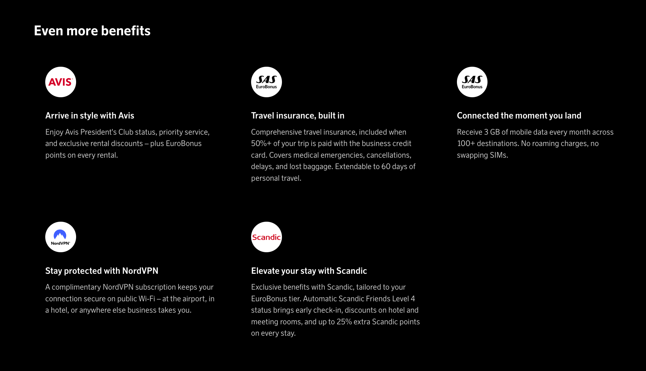 SAS Executive Card benefits including Avis status, travel insurance, mobile data, NordVPN, and Scandic status