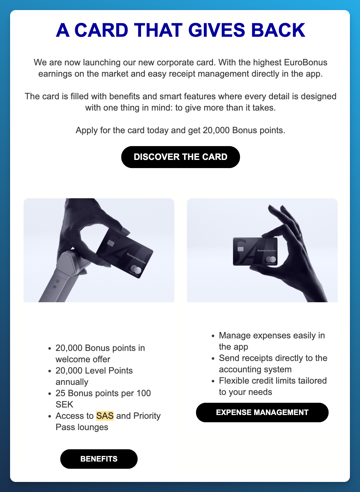 SAS Executive Card public launch offer with 20,000 welcome Bonus Points and a separate annual benefit of 20,000 Level Points