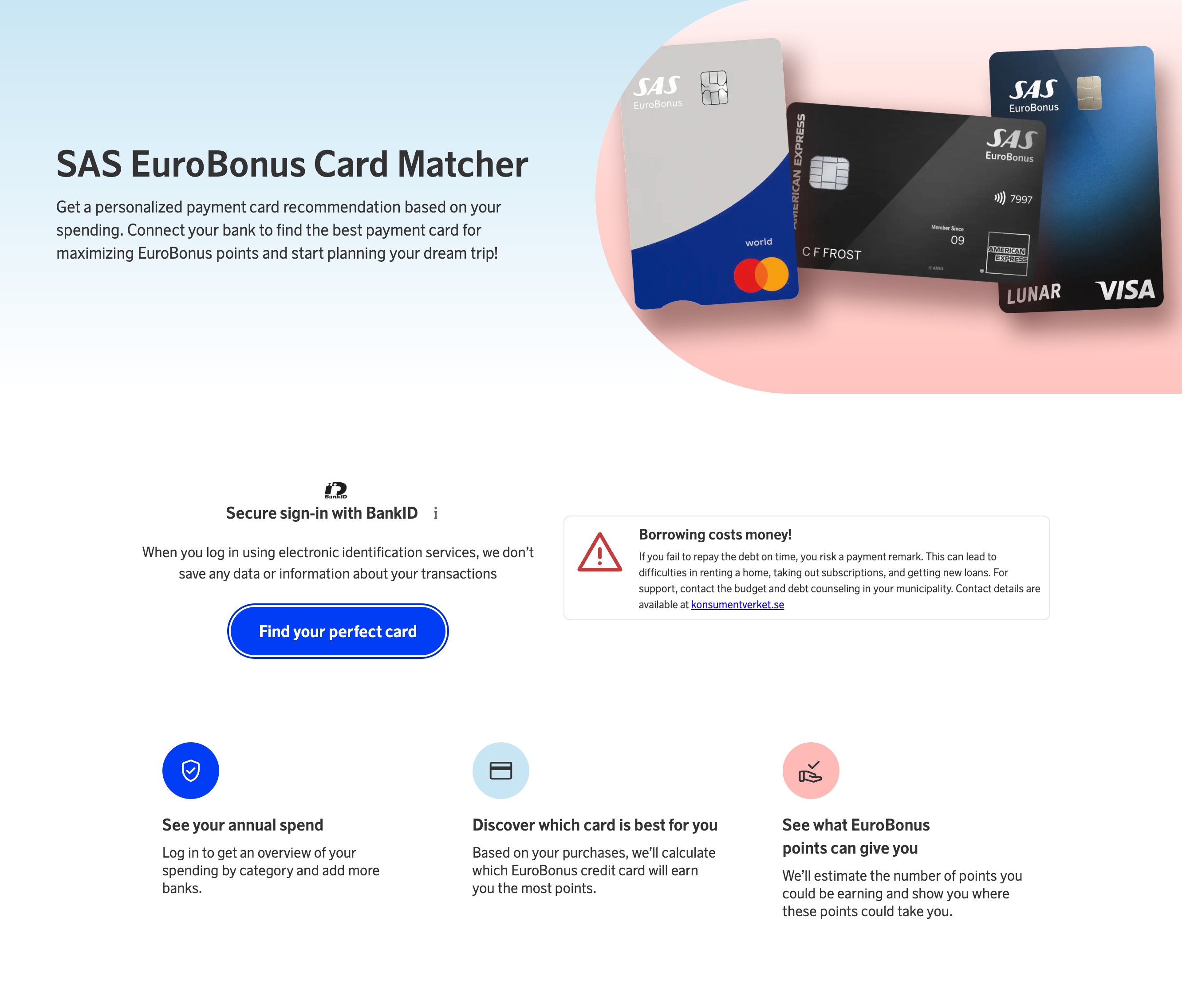 The SAS official credit card matcher tool.