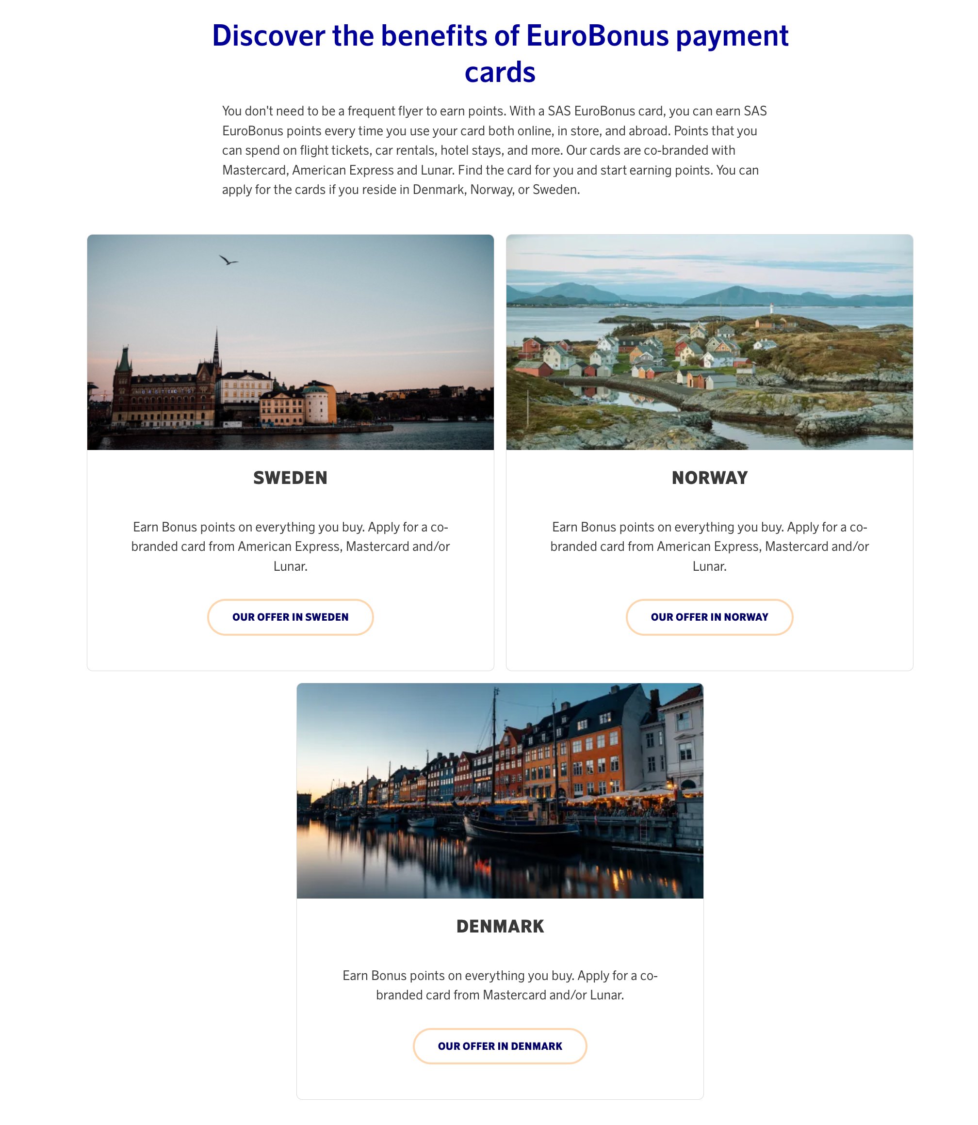 Official SAS EuroBonus credit cards landing page.