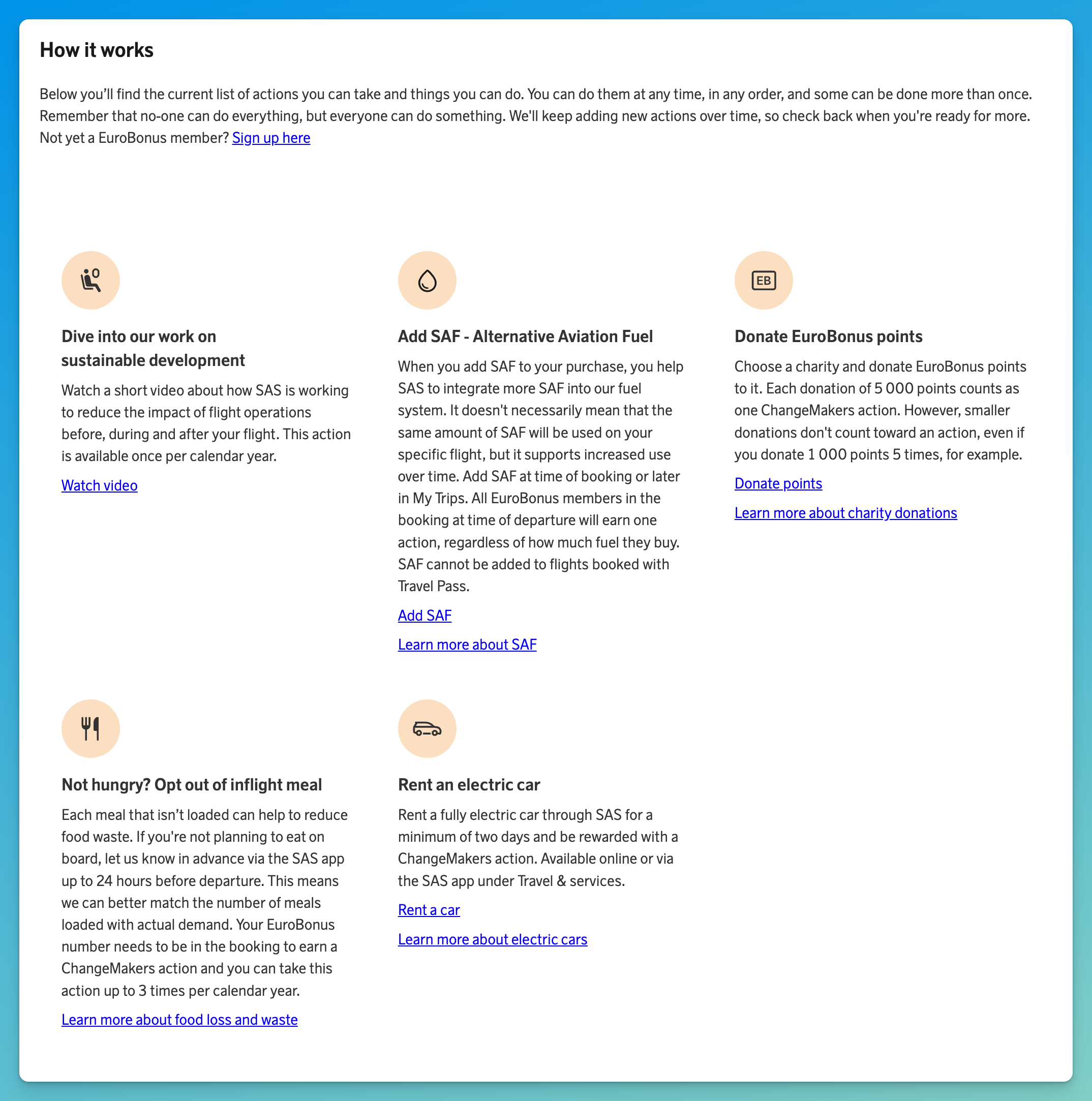 The five trackable EuroBonus ChangeMakers actions with icons: watch the sustainability video, add SAF (alternative aviation fuel), donate EuroBonus points, opt out of the inflight meal, and rent an electric car