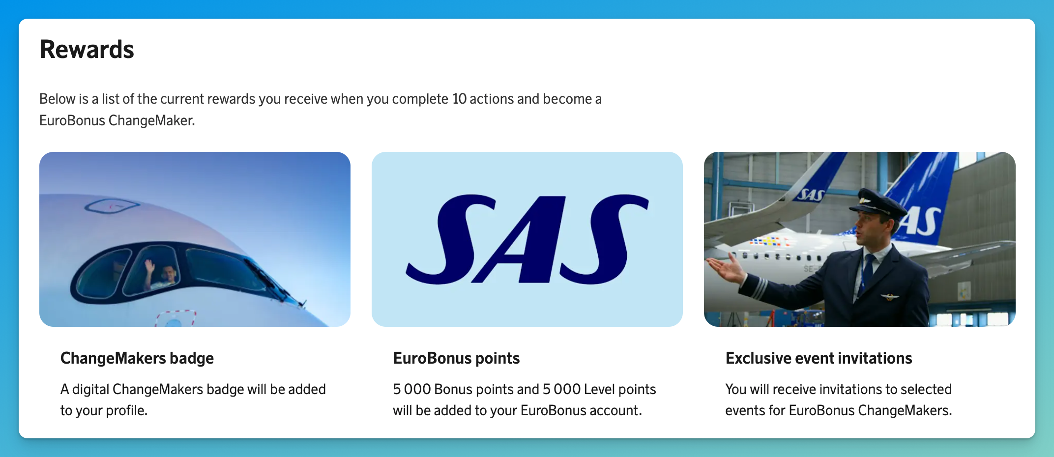 EuroBonus ChangeMakers rewards for completing 10 actions: a digital ChangeMakers badge, 5,000 Bonus points and 5,000 Level points, and exclusive event invitations