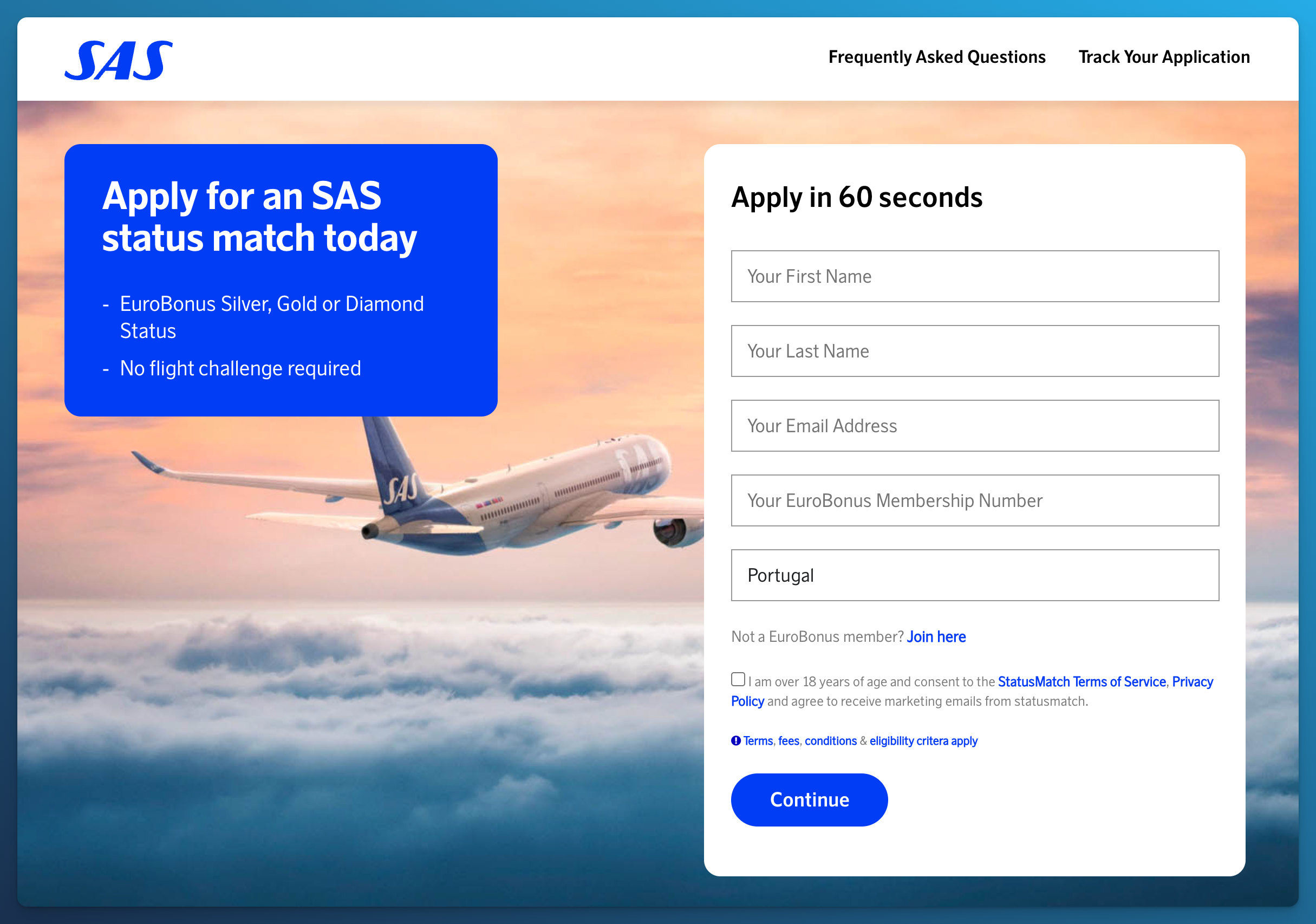 SAS EuroBonus status match on StatusMatch.com, October 2026: Silver, Gold or Diamond with no flight challenge