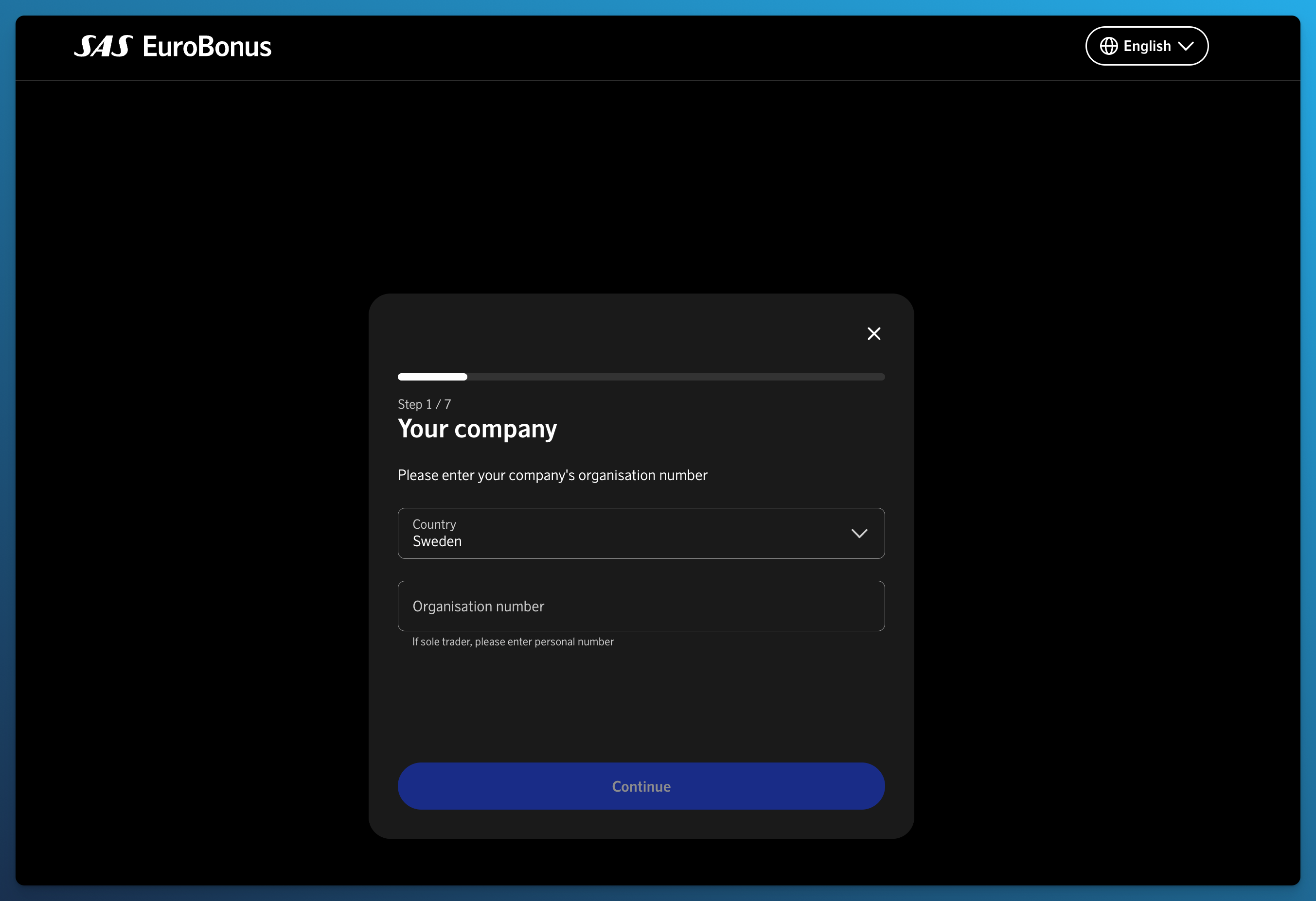 Step one of the SAS Executive Card application requesting country and company organization number