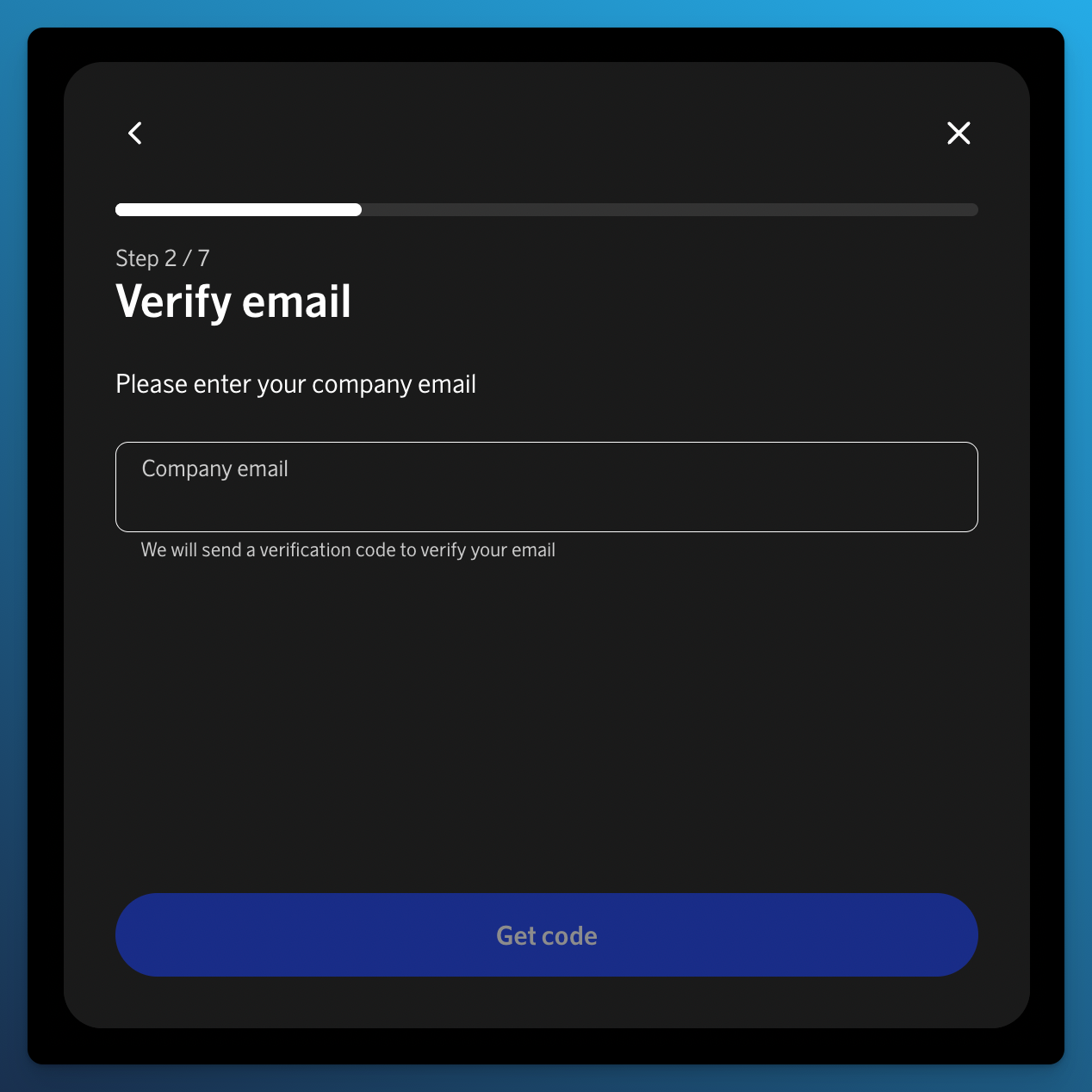 Step two of the SAS Executive Card application asking for a company email address