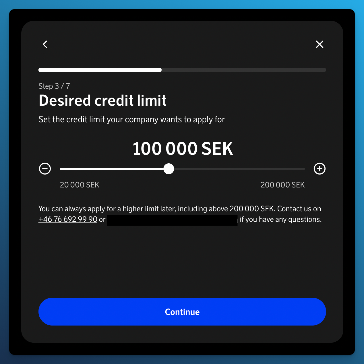 Step three of the SAS Executive Card application showing the requested credit limit