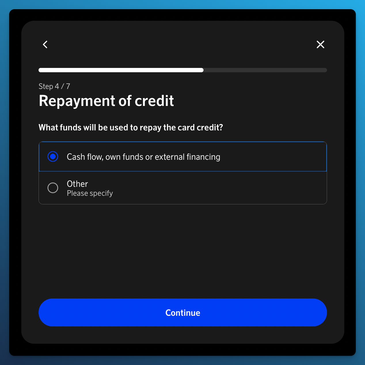Step four of the SAS Executive Card application asking how the company will repay the credit