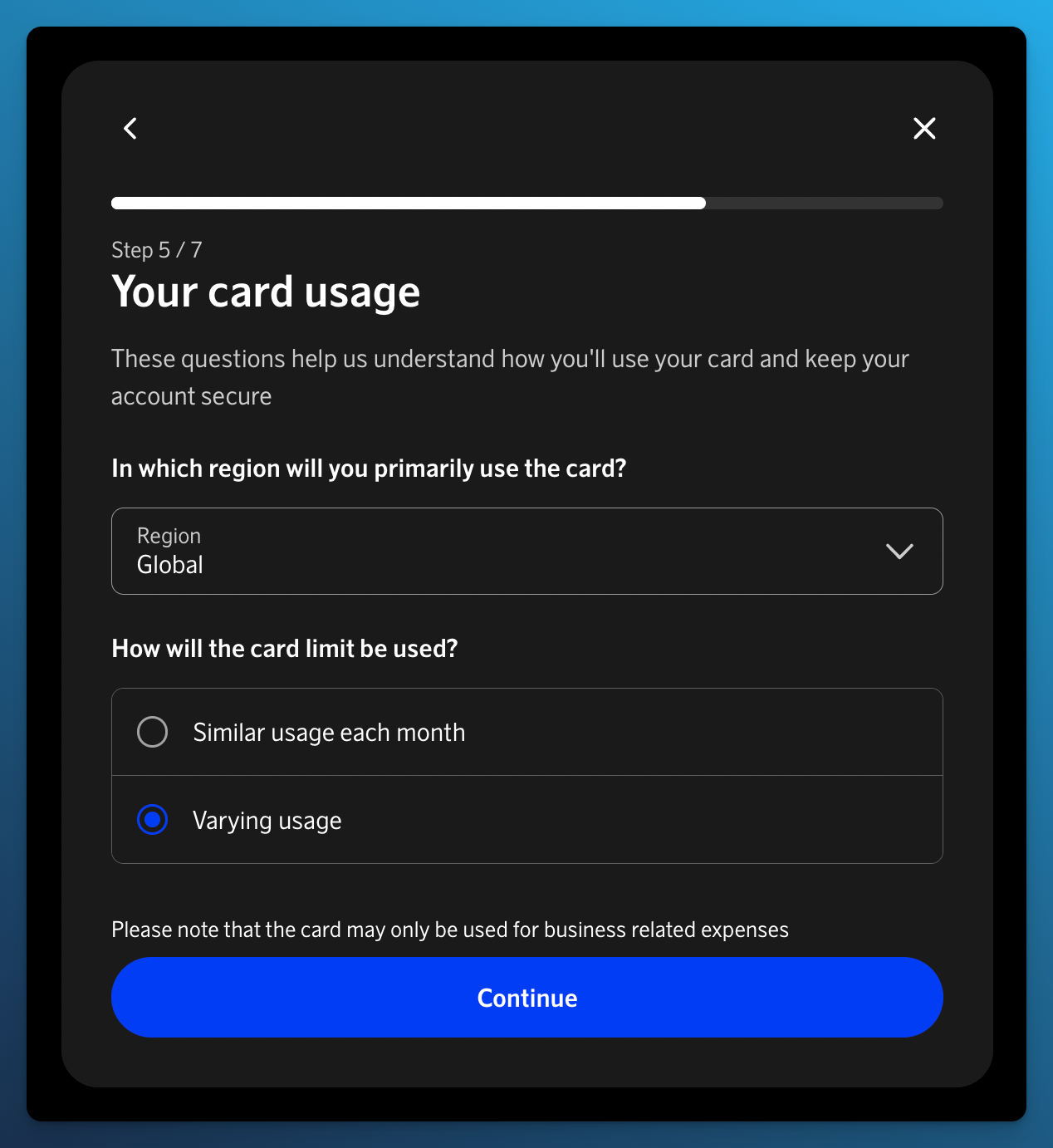 Step five of the SAS Executive Card application asking about primary region and expected spending pattern