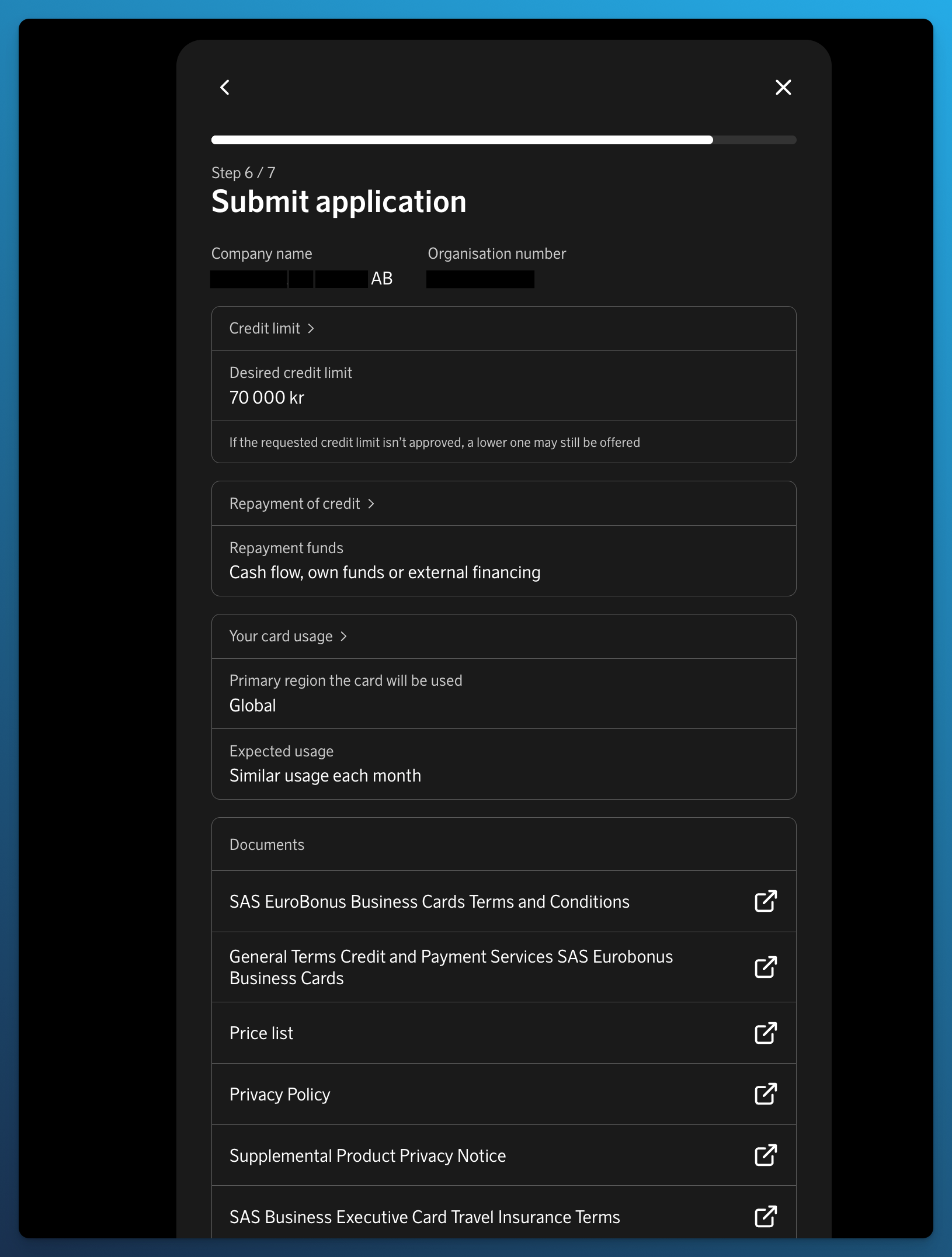 Step six of the SAS Executive Card application showing the final review and legal documents