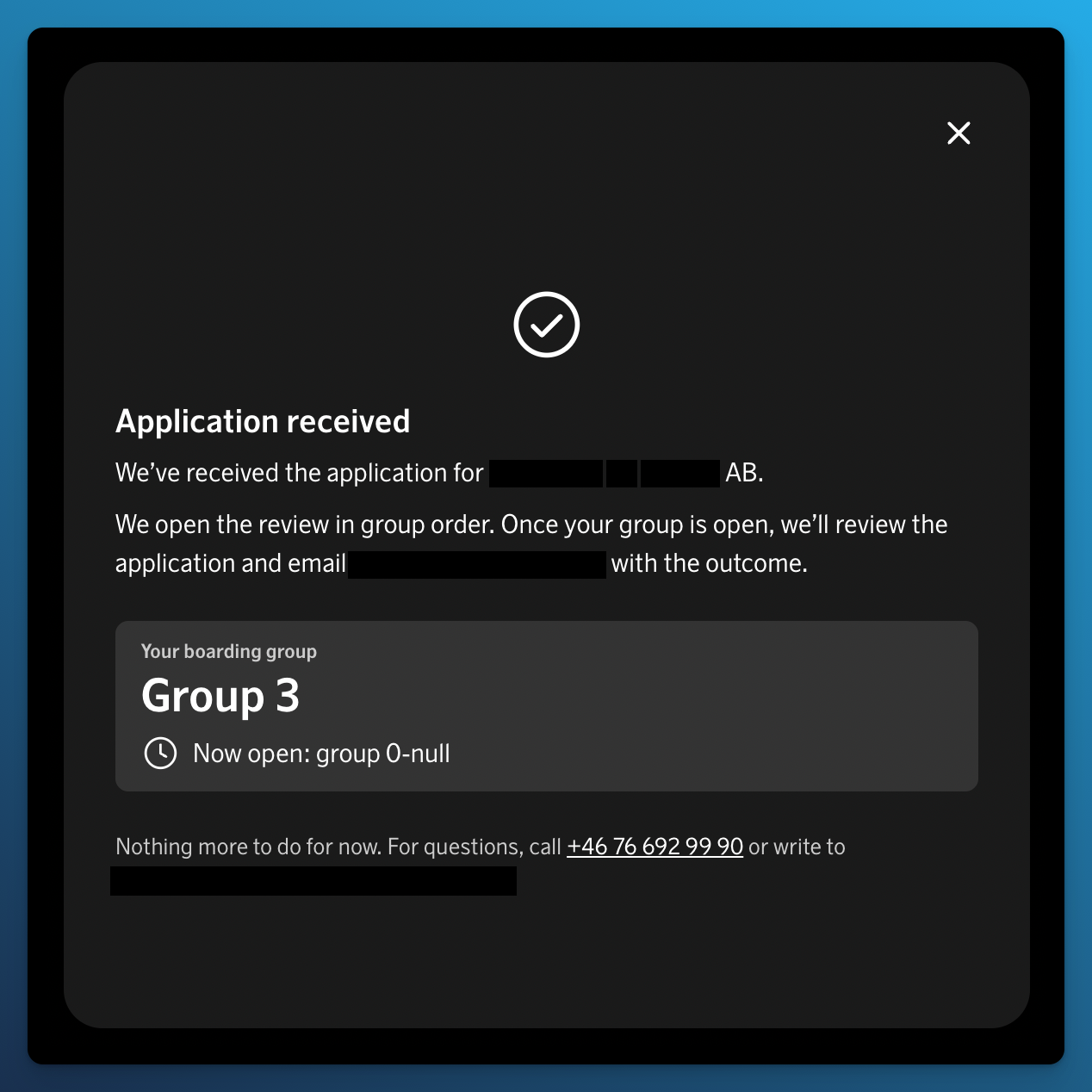 SAS Executive Card application confirmation showing that the company was assigned to Boarding Group 3
