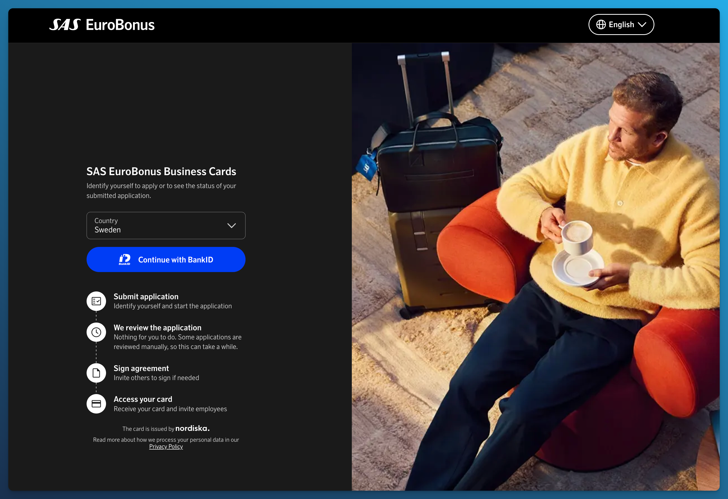 SAS EuroBonus Business Cards application page with BankID identification and the four stages of onboarding