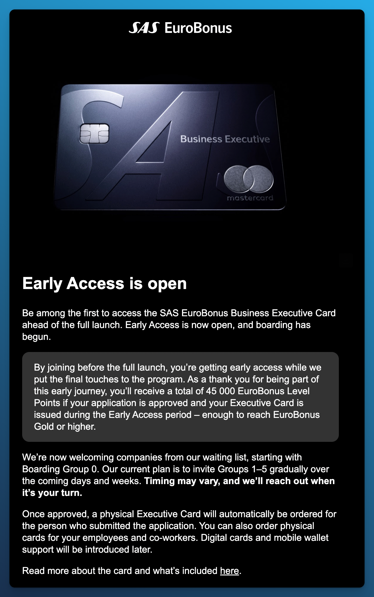 SAS EuroBonus email announcing Executive Card early access and 45,000 Level Points in year one