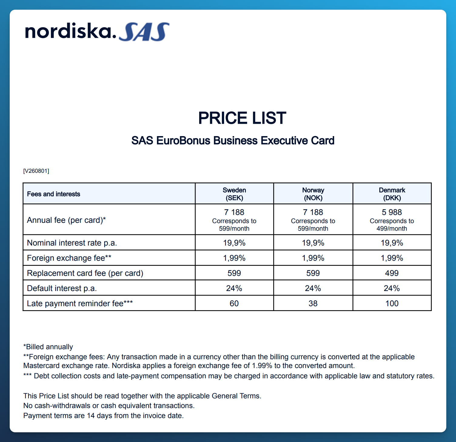 SAS EuroBonus Business Executive Card price list showing fees for each card, interest, and foreign exchange charges