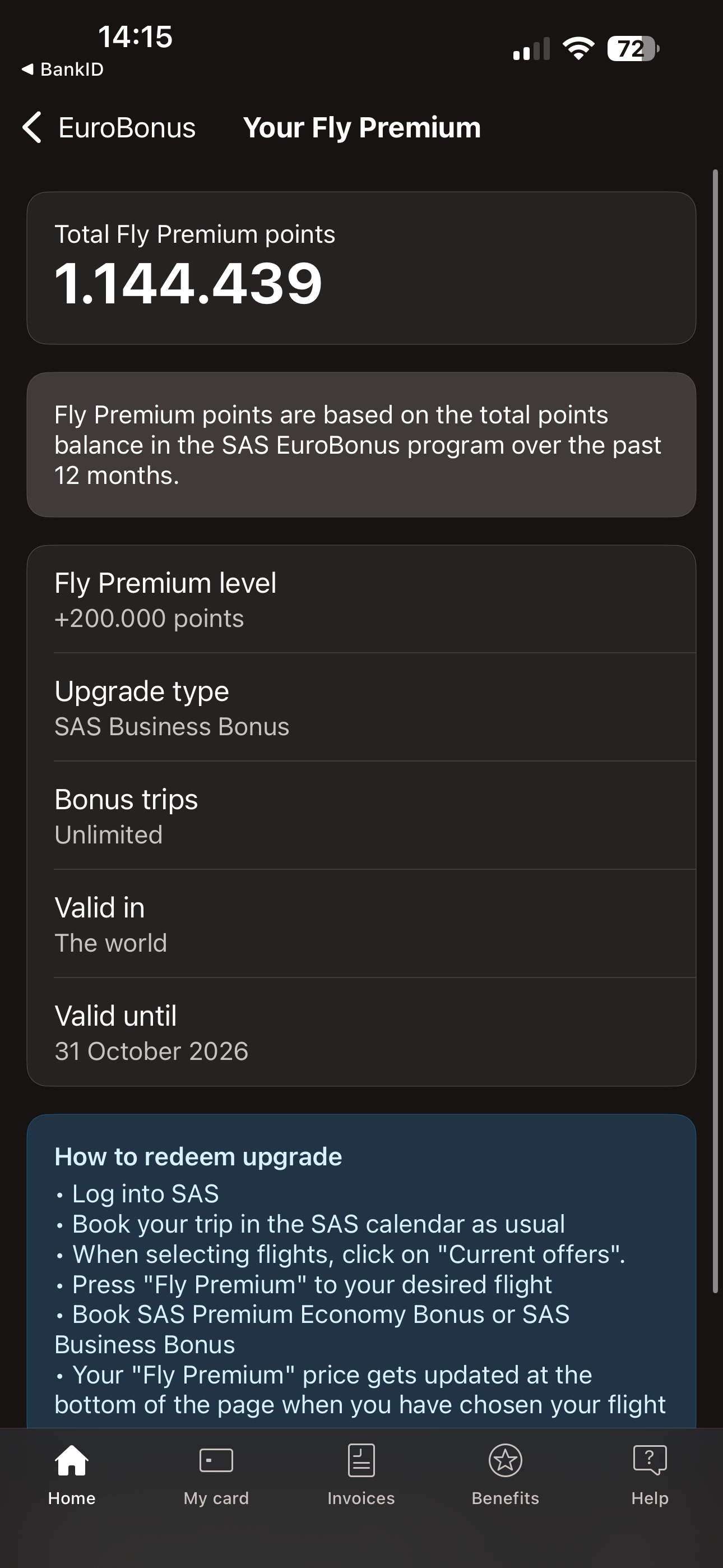 Screenshot of the SAS EuroBonus Mastercard portal showing where to check your current Fly Premium tier and points progress.