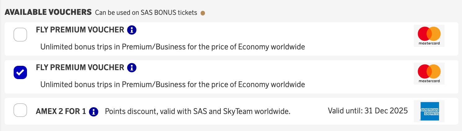 Using the SAS Mastercad Fly Premium benefit while booking.