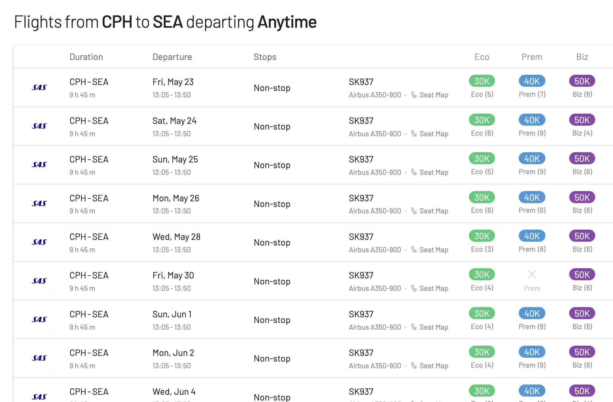 Book the new SAS route from Copenhagen to Seattle in Business Class using EuroBonus points.