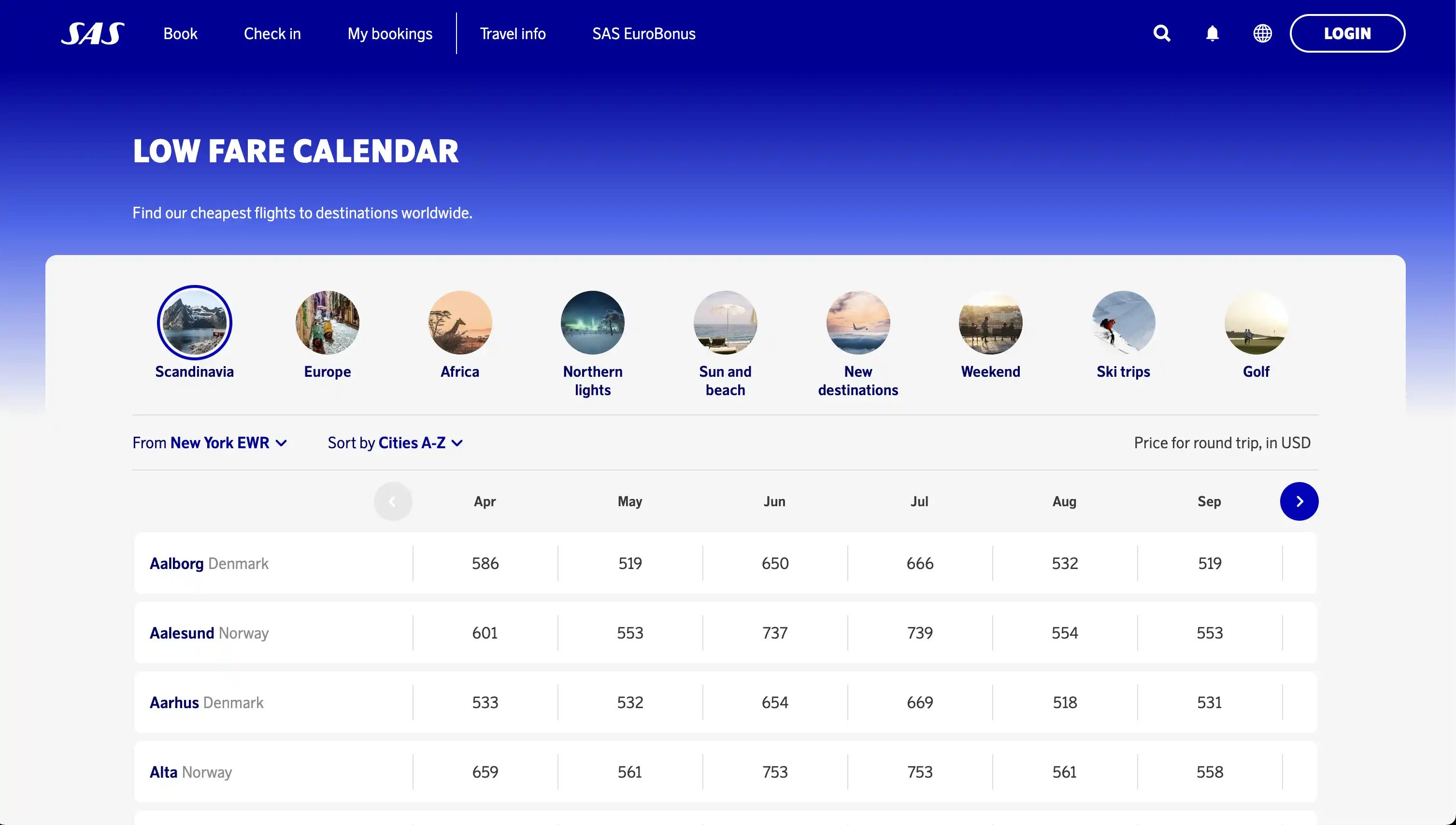 SAS old fare price calendar website