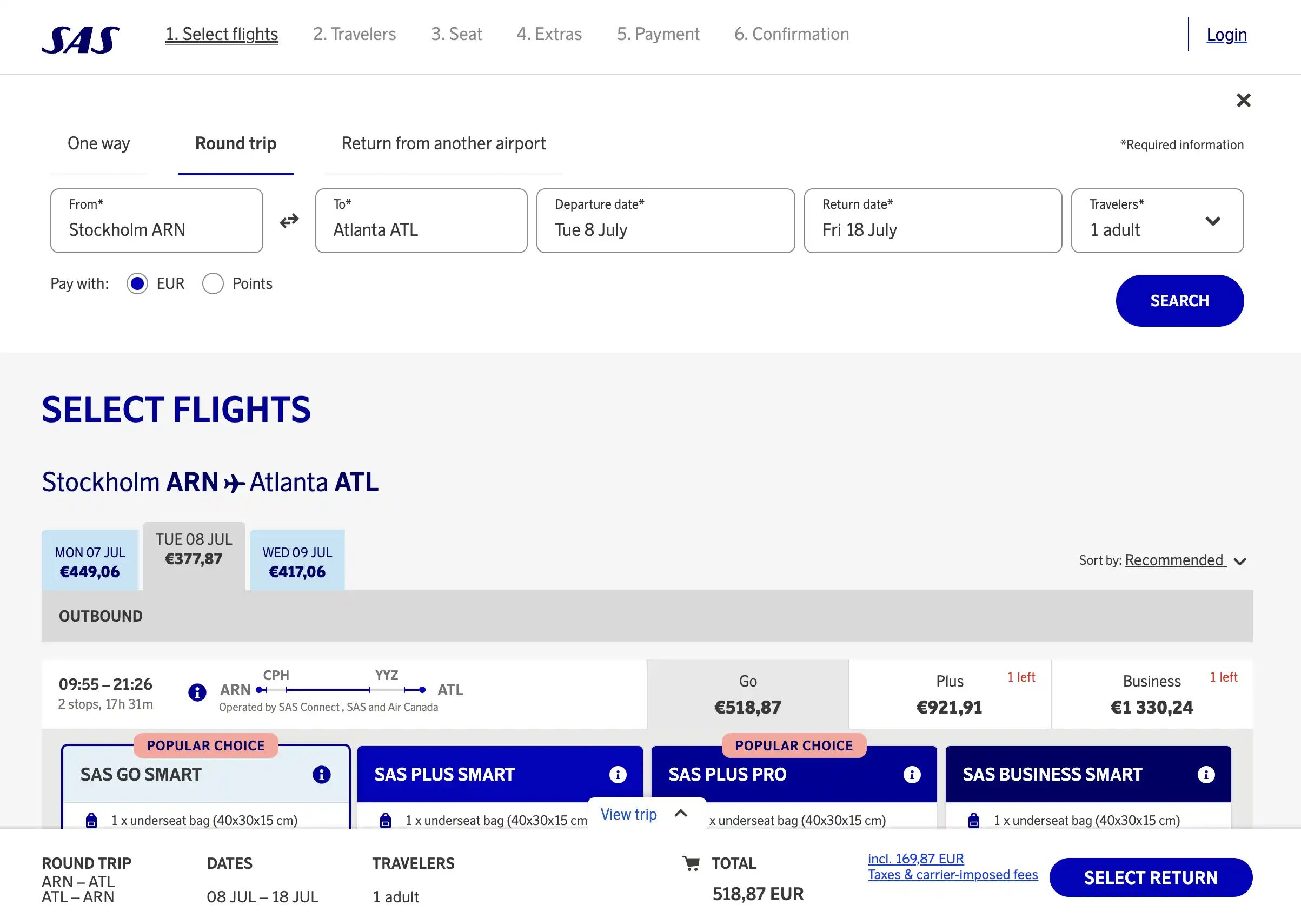 EuroBonus Search Portal for Award Flights on SAS (2025).