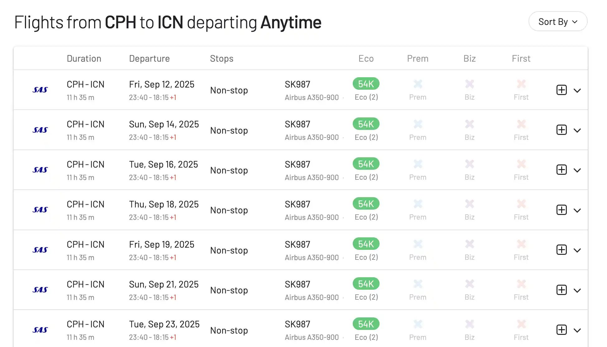 Available awards from Copenhagen to Seoul using EuroBonus points.